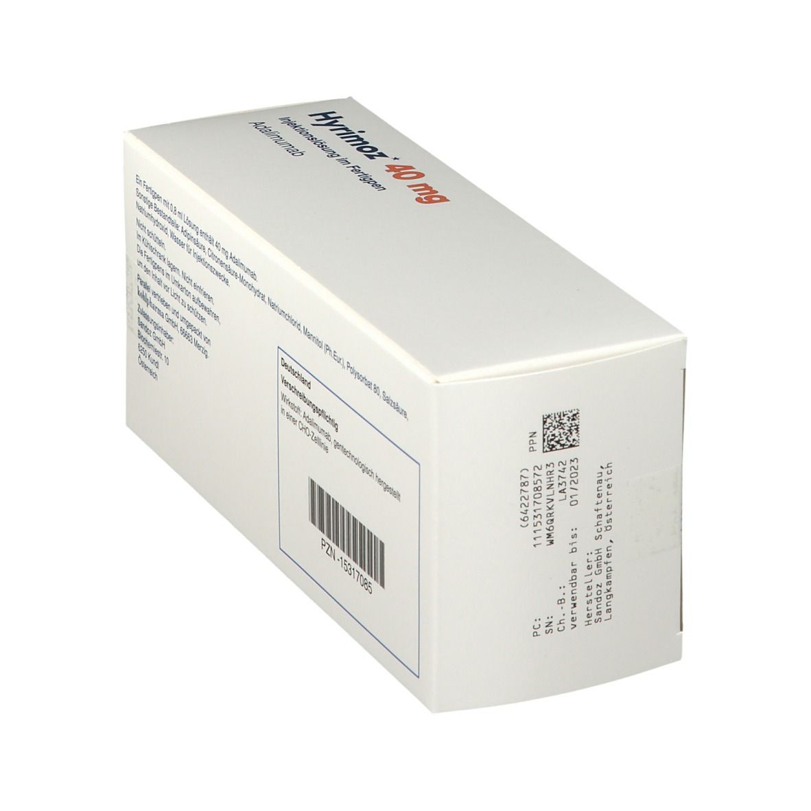 Weiße Schachtel, "Hyrimoz 40 mg" Aufdruck. Text in Deutsch. Rückseite mit Barcode und PZN.
