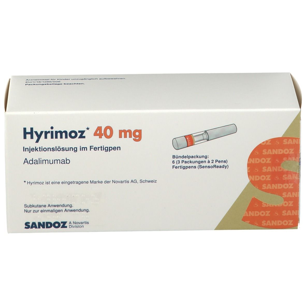 Weiße Schachtel mit roter Aufschrift "Hyrimoz 40 mg". Enthält Fertigpen-Abbildung. Sandoz-Logo.