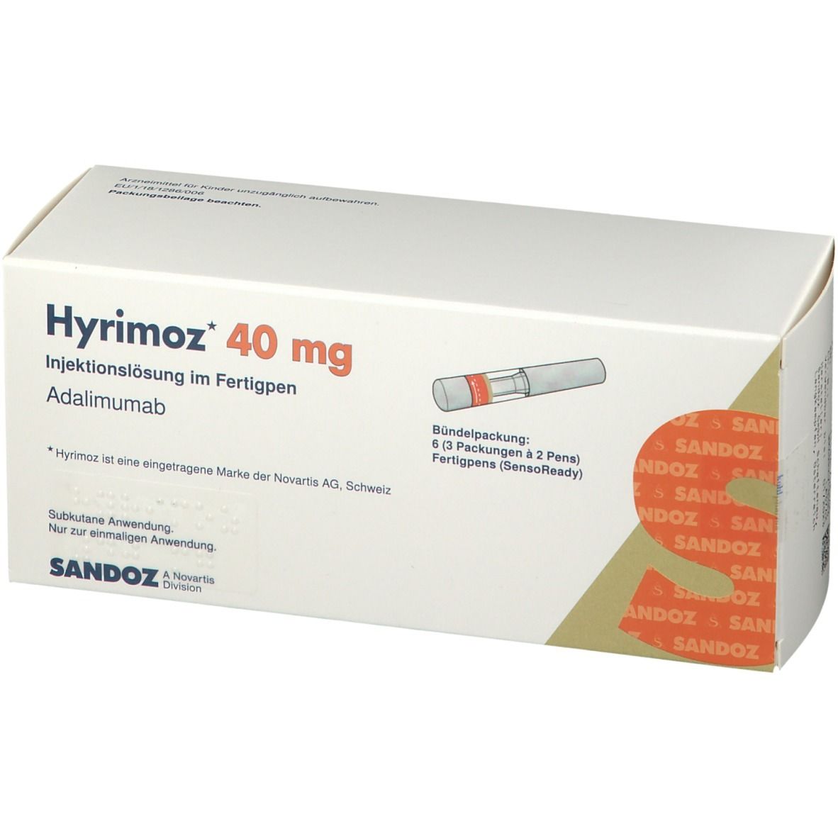 Weiße Schachtel mit roter Aufschrift "Hyrimoz 40 mg". Enthält Fertigpen-Abbildung. Sandoz-Logo.