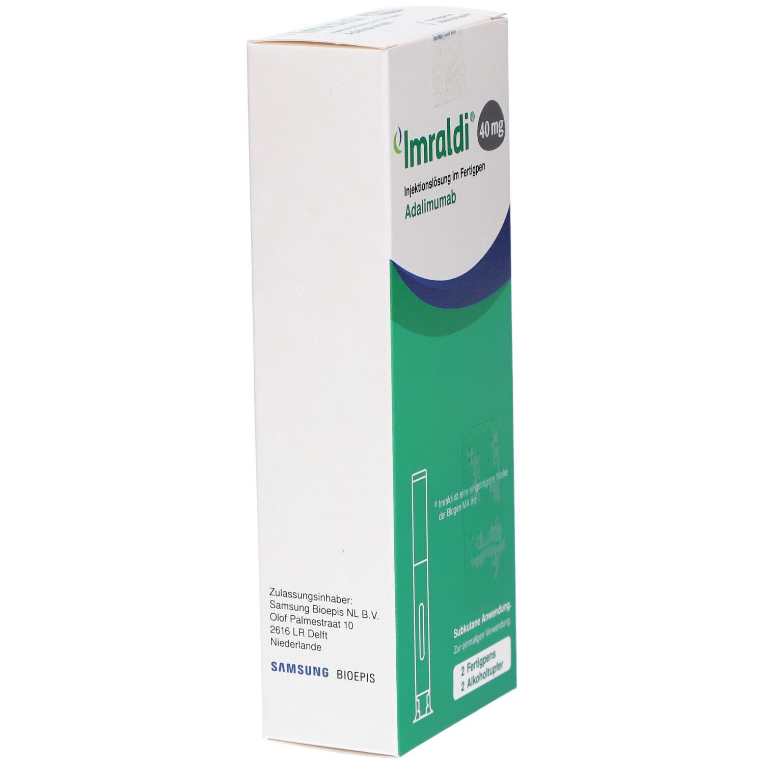 Schachtel Imraldi 40 mg. Grüne und blaue Elemente. Enthält 2 Fertigpens und Alkoholtupfer. Subkutane Anwendung.