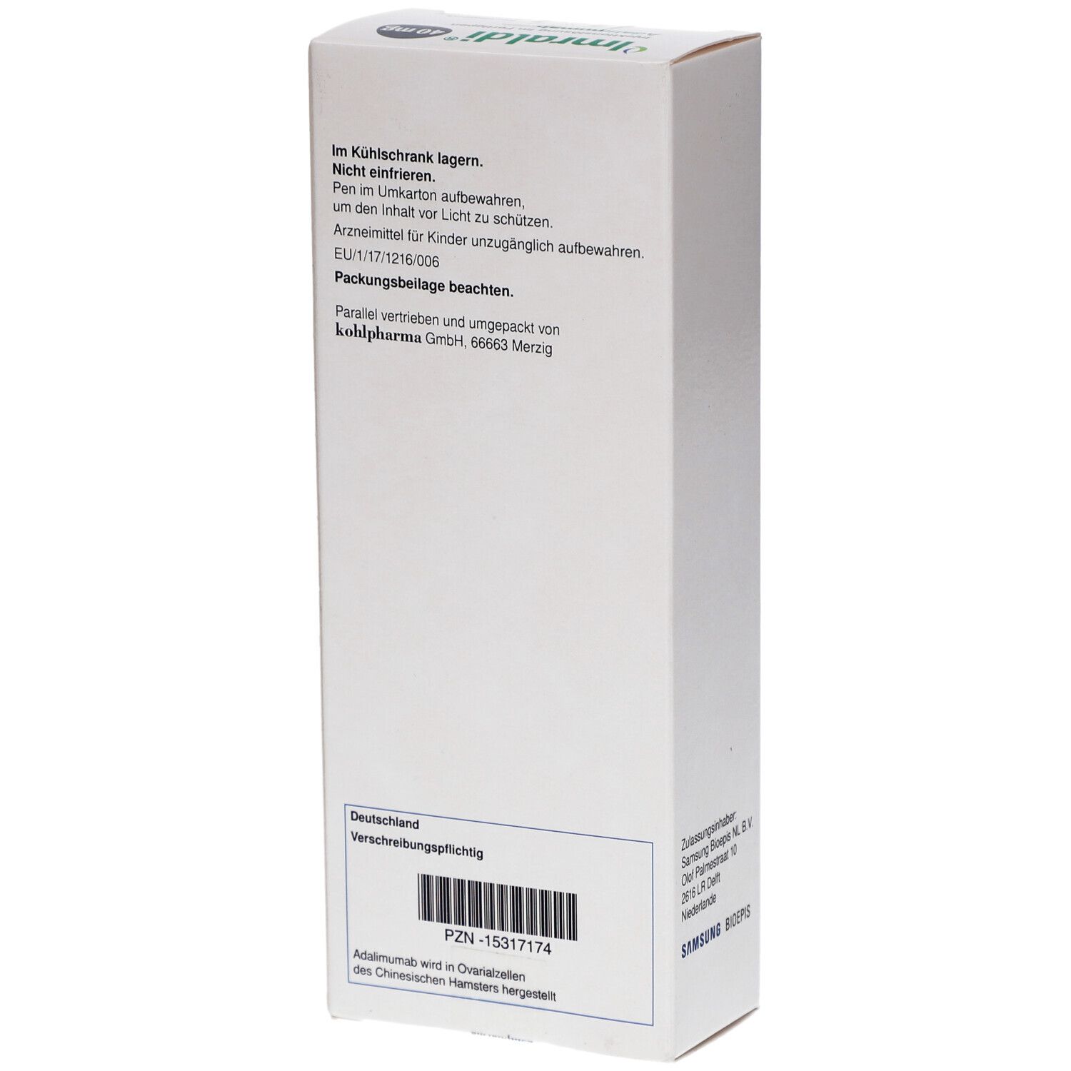 Rückseite der Imraldi-Schachtel. Enthält Informationen zu Lagerung, Inhaltsstoffen und Hersteller. PZN-15317174.