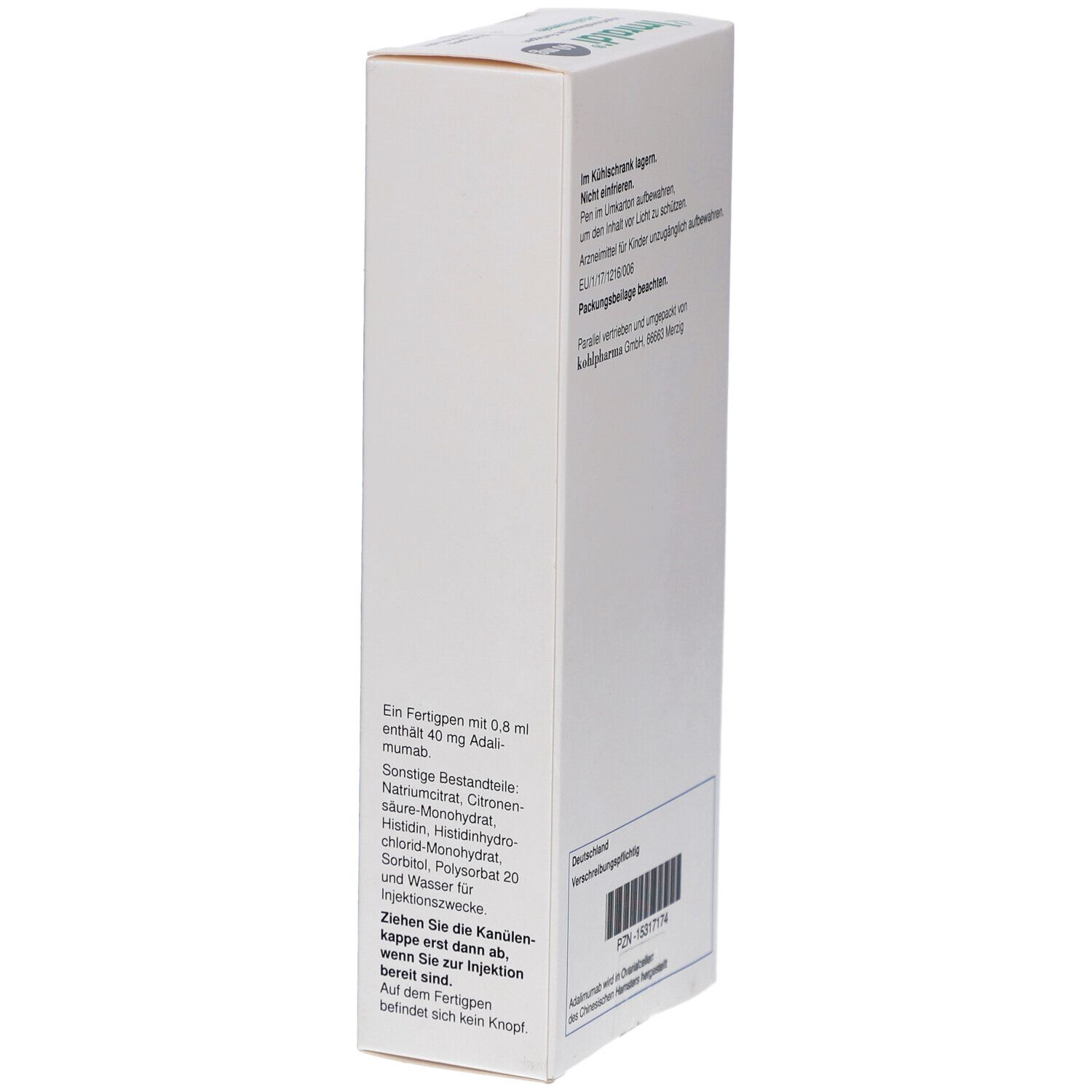 Seite der Imraldi-Schachtel. Enthält Informationen zu Inhaltsstoffen und Anwendung. Enthält 0,8 ml Adalimumab.