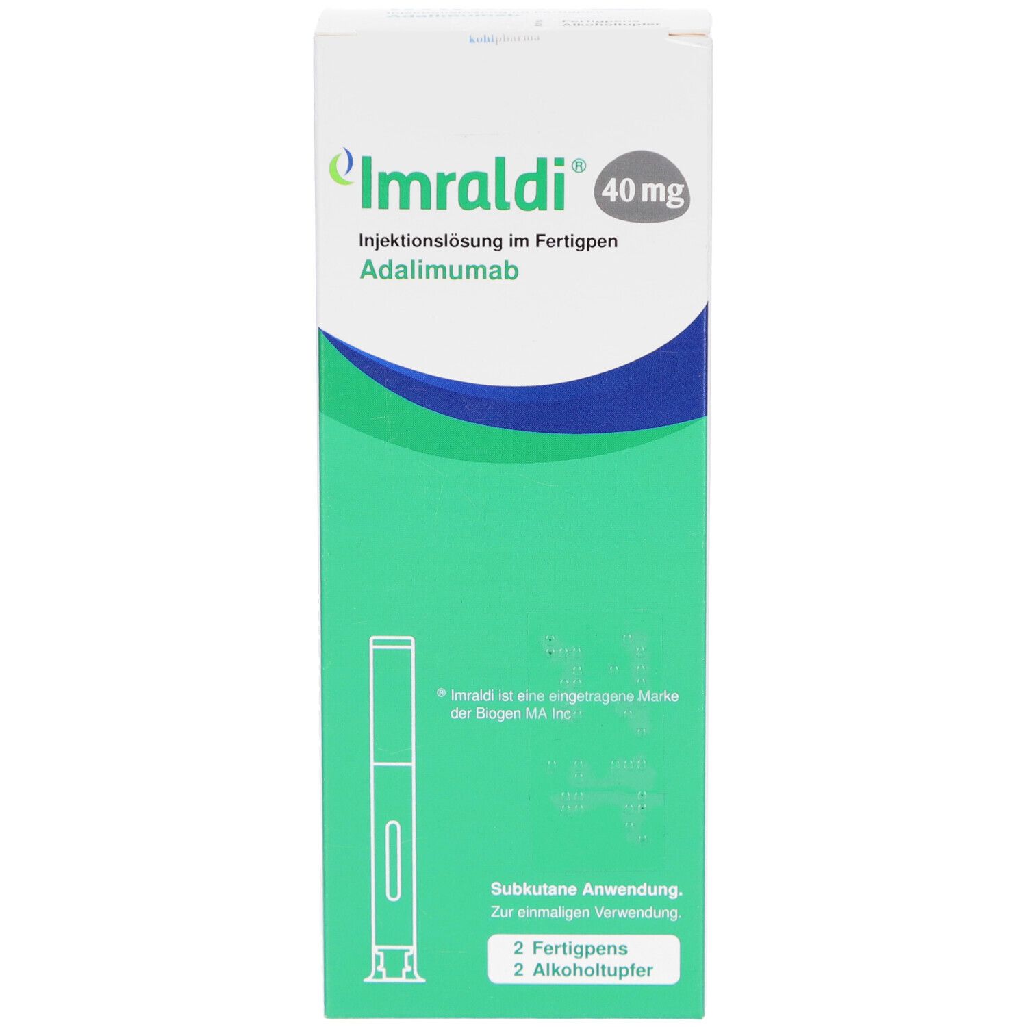 Schachtel mit Imraldi 40 mg. Grüne und blaue Elemente. Enthält 2 Fertigpens und Alkoholtupfer. Subkutane Anwendung.