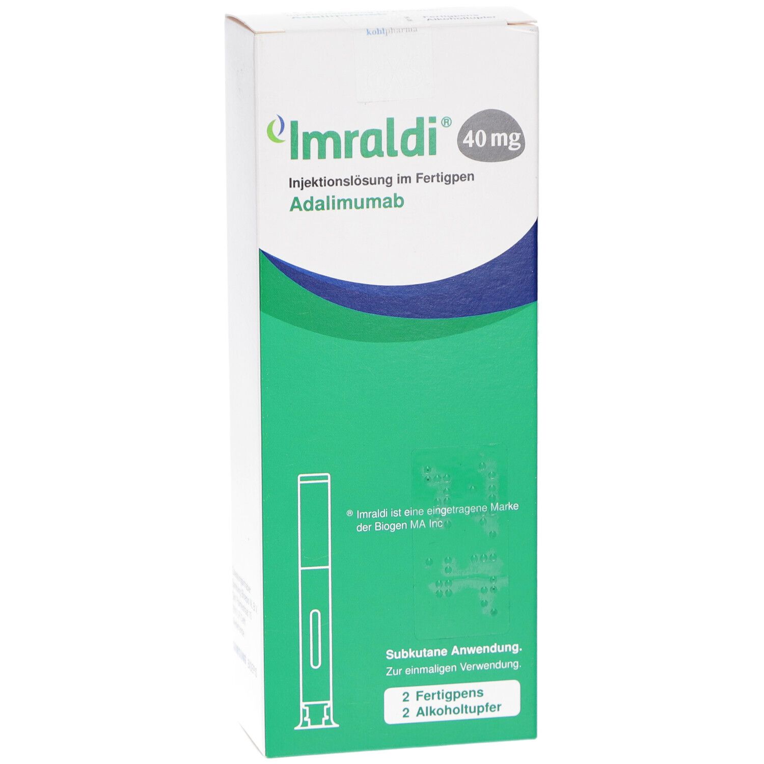 Schachtel mit Imraldi 40 mg. Grüne und blaue Elemente. Enthält 2 Fertigpens und Alkoholtupfer. Subkutane Anwendung.