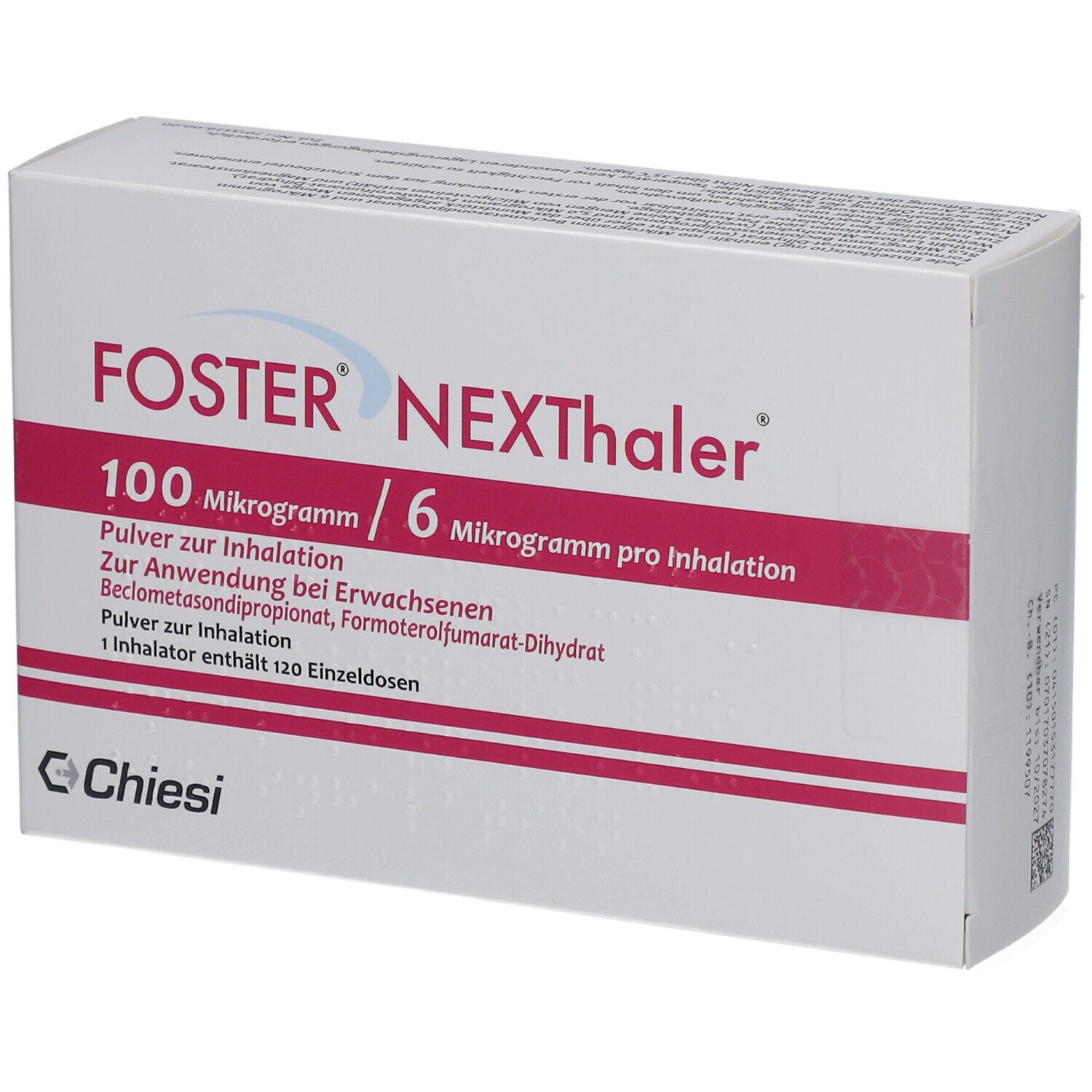Weiße Schachtel mit roter Schrift. FOSTER NEXThaler, 100 Mikrogramm/6 Mikrogramm pro Inhalation. Chiesi Logo.