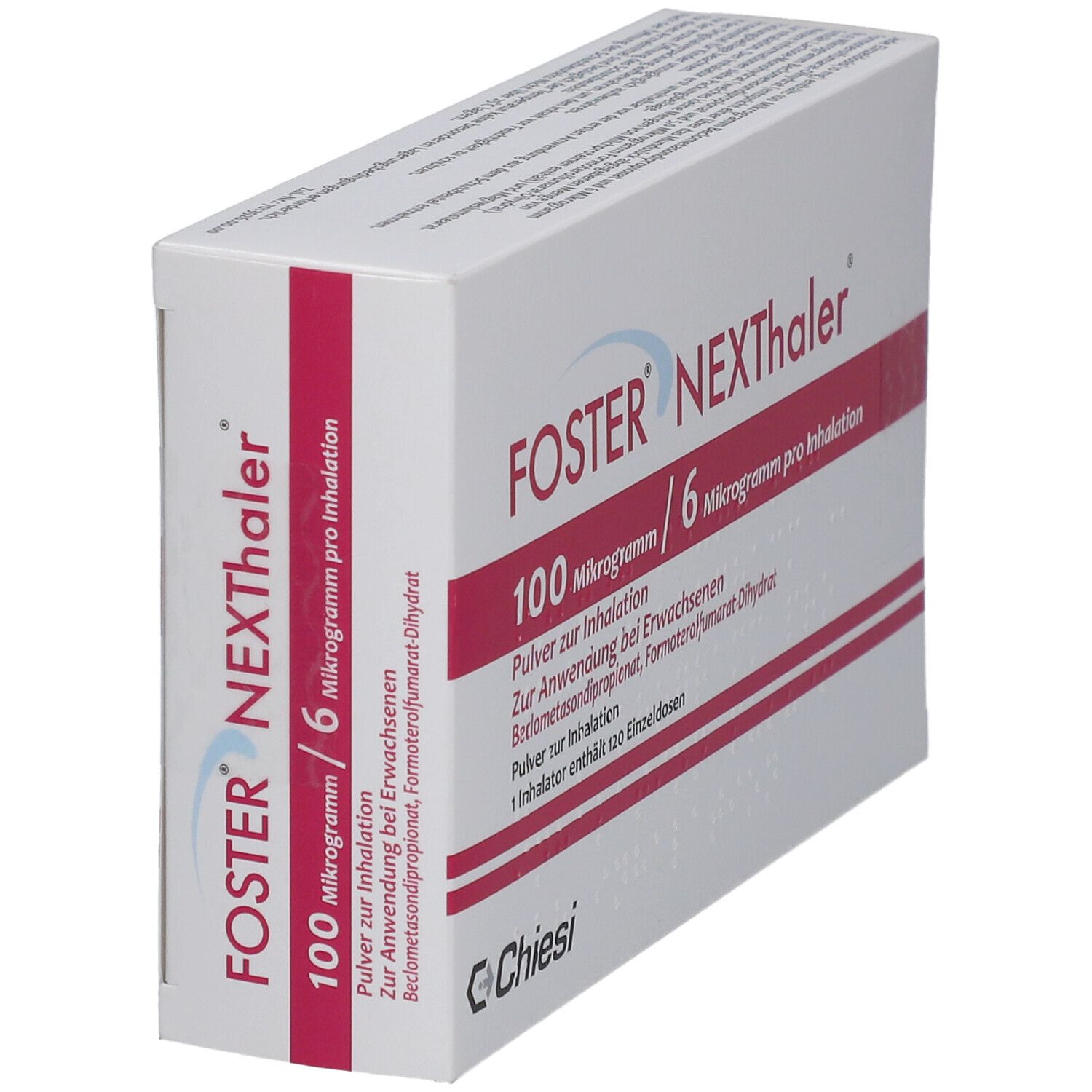 Schachtel FOSTER NEXThaler, weiß mit roter Schrift. 100 Mikrogramm/6 Mikrogramm pro Inhalation. Chiesi Logo.