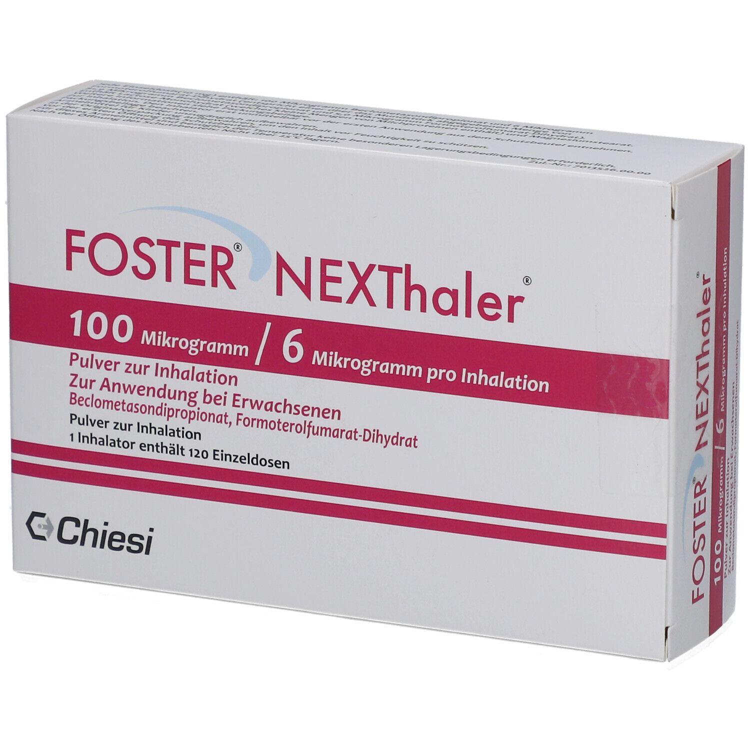 Weiße Schachtel mit roter Schrift. FOSTER NEXThaler, 100 Mikrogramm/6 Mikrogramm pro Inhalation. Chiesi Logo.