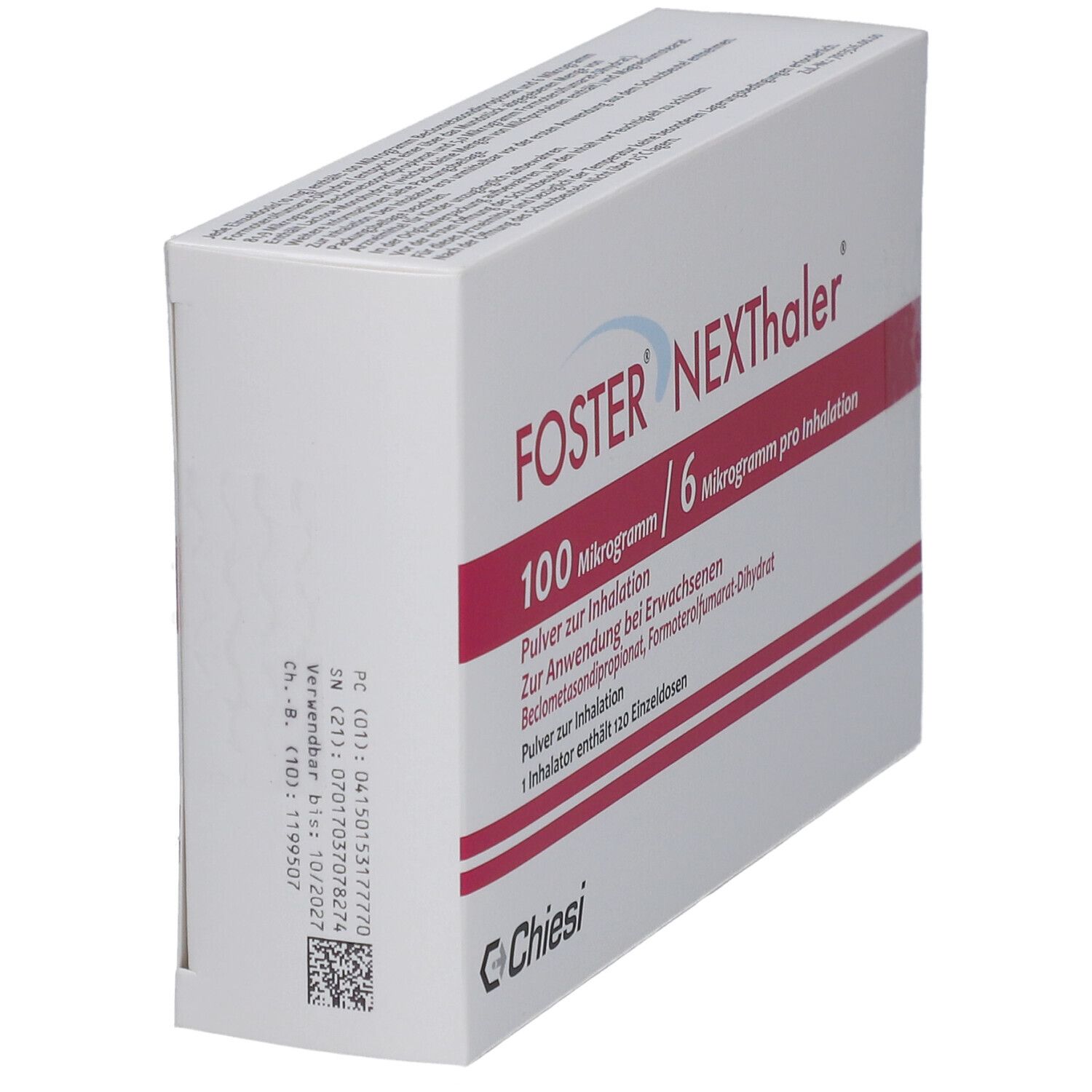 Weiße Schachtel mit roter Schrift. FOSTER NEXThaler, 100 Mikrogramm/6 Mikrogramm pro Inhalation. Chiesi Logo.