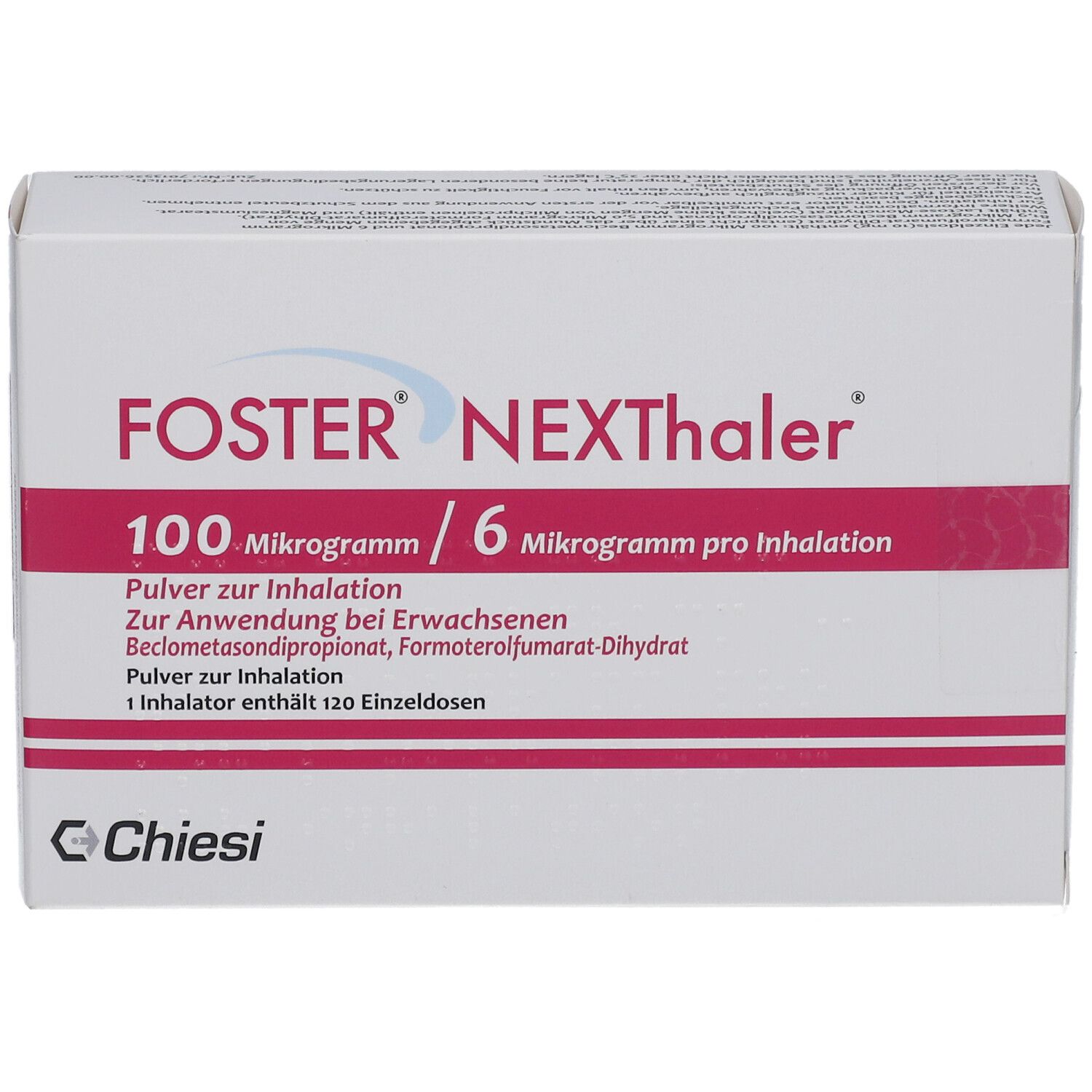 Weiße Schachtel mit roter Schrift. FOSTER NEXThaler, 100 Mikrogramm/6 Mikrogramm pro Inhalation. Chiesi Logo.