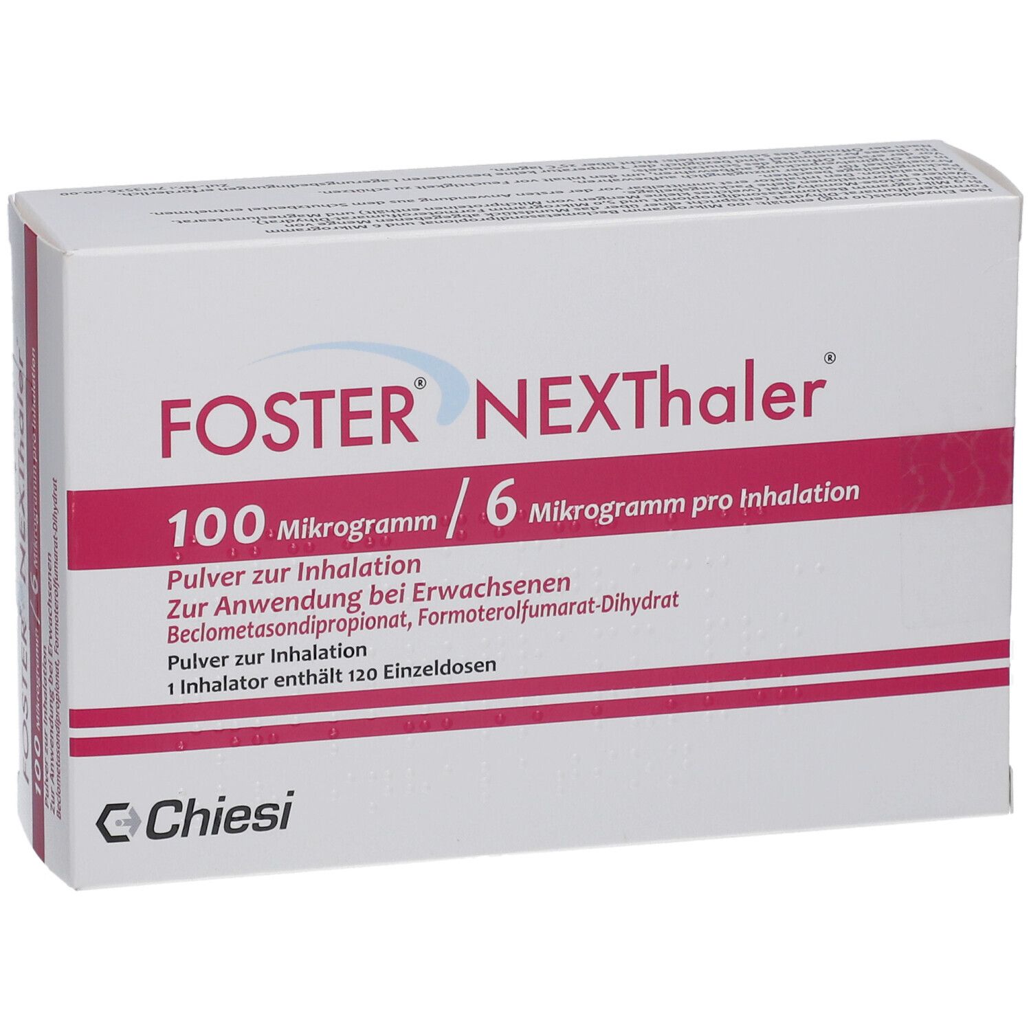 Weiße Schachtel mit roter Schrift. FOSTER NEXThaler, 100 Mikrogramm/6 Mikrogramm pro Inhalation. Chiesi Logo.