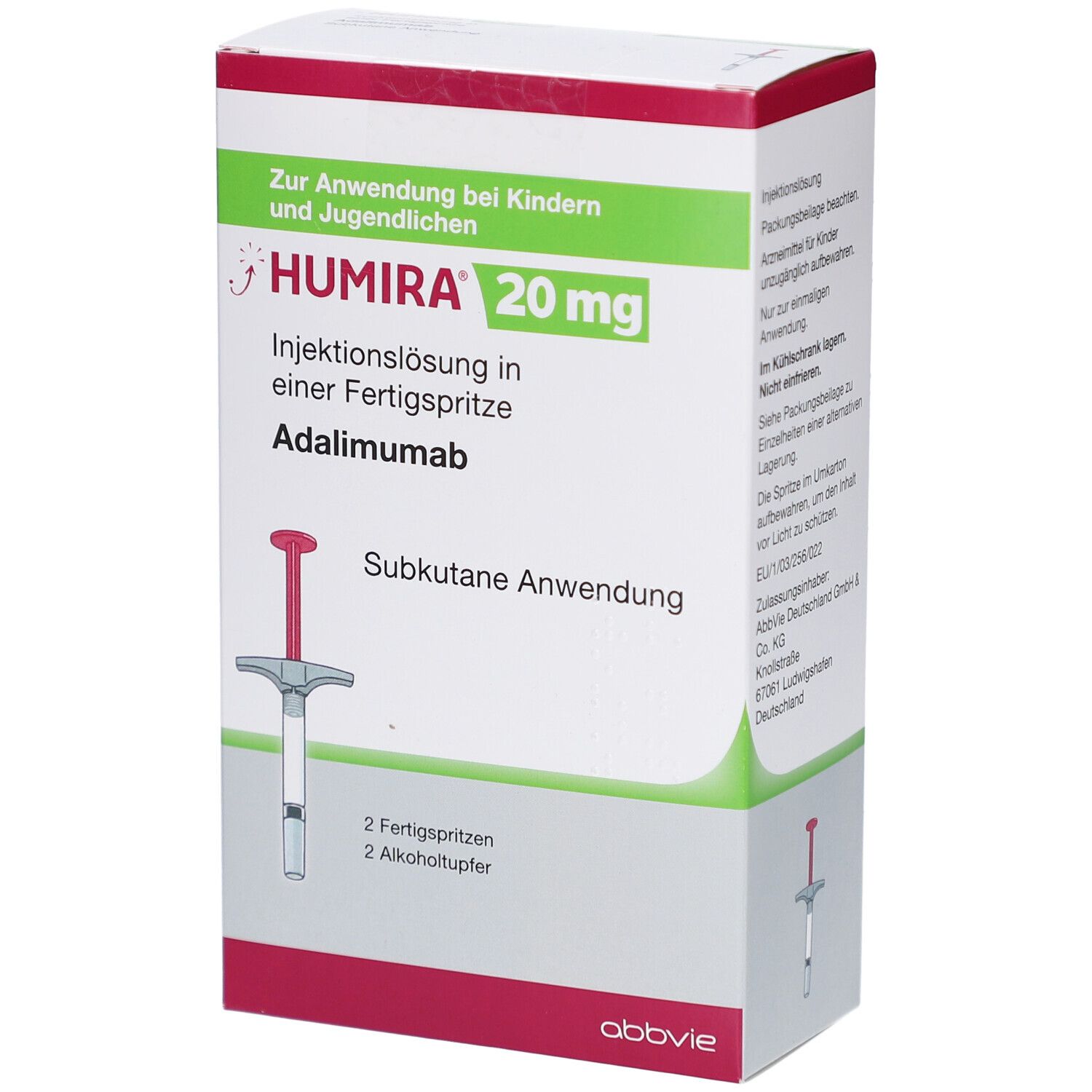 Verpackung von HUMIRA 20 mg Injektionslösung. Enthält 2 Fertigspritzen und 2 Alkoholtupfer. Aufschrift: Subkutane Anwendung.