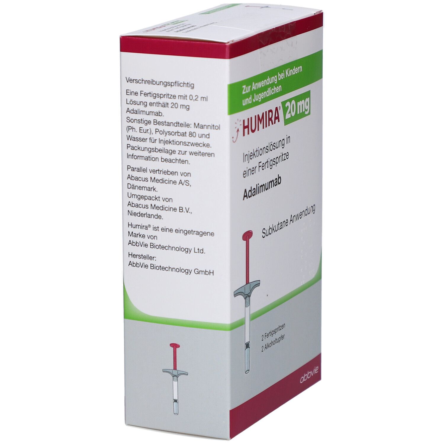Seitenansicht der HUMIRA 20 mg Verpackung. Enthält Informationen zur Anwendung und Inhaltsstoffe. Mit Abbildung einer Fertigspritze.