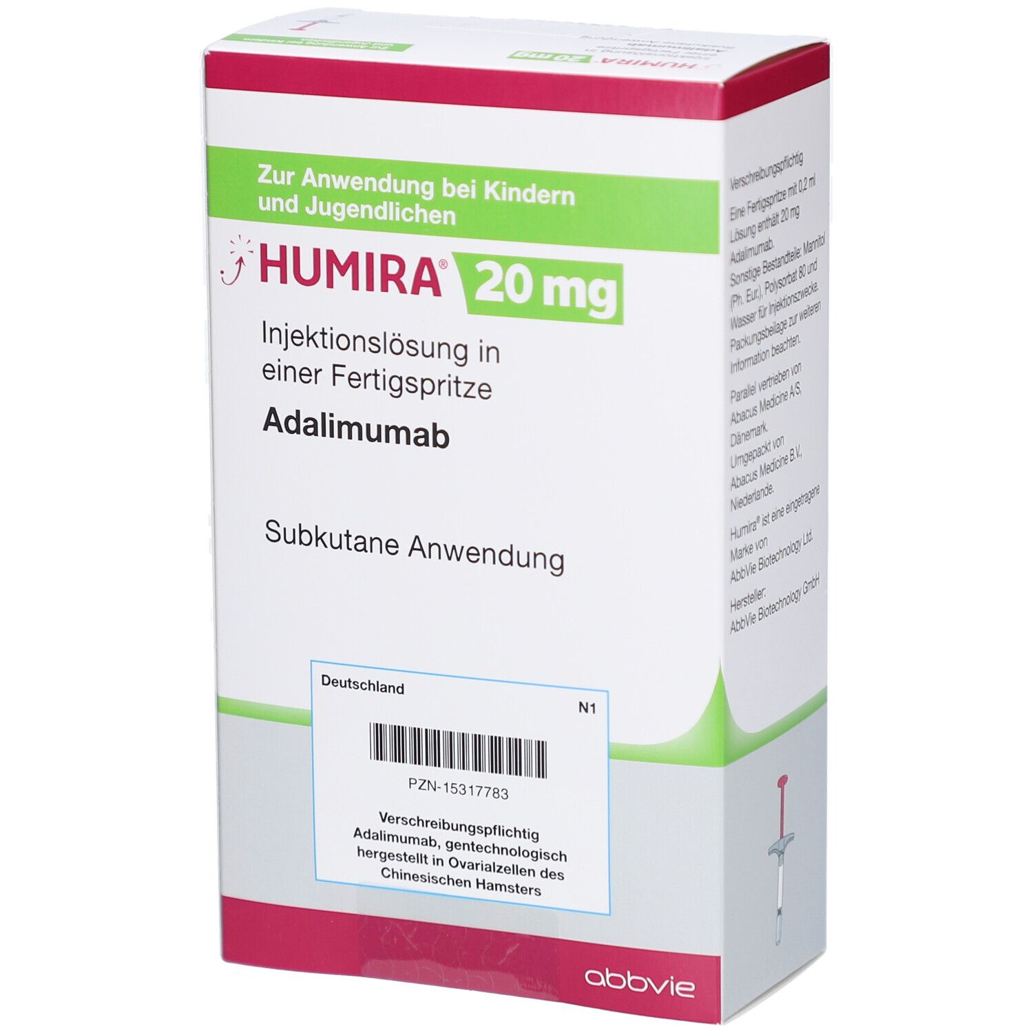 HUMIRA 20 mg Verpackung mit Barcode und Produktinformationen. Aufschrift: Injektionslösung in Fertigspritze. Adalimumab.