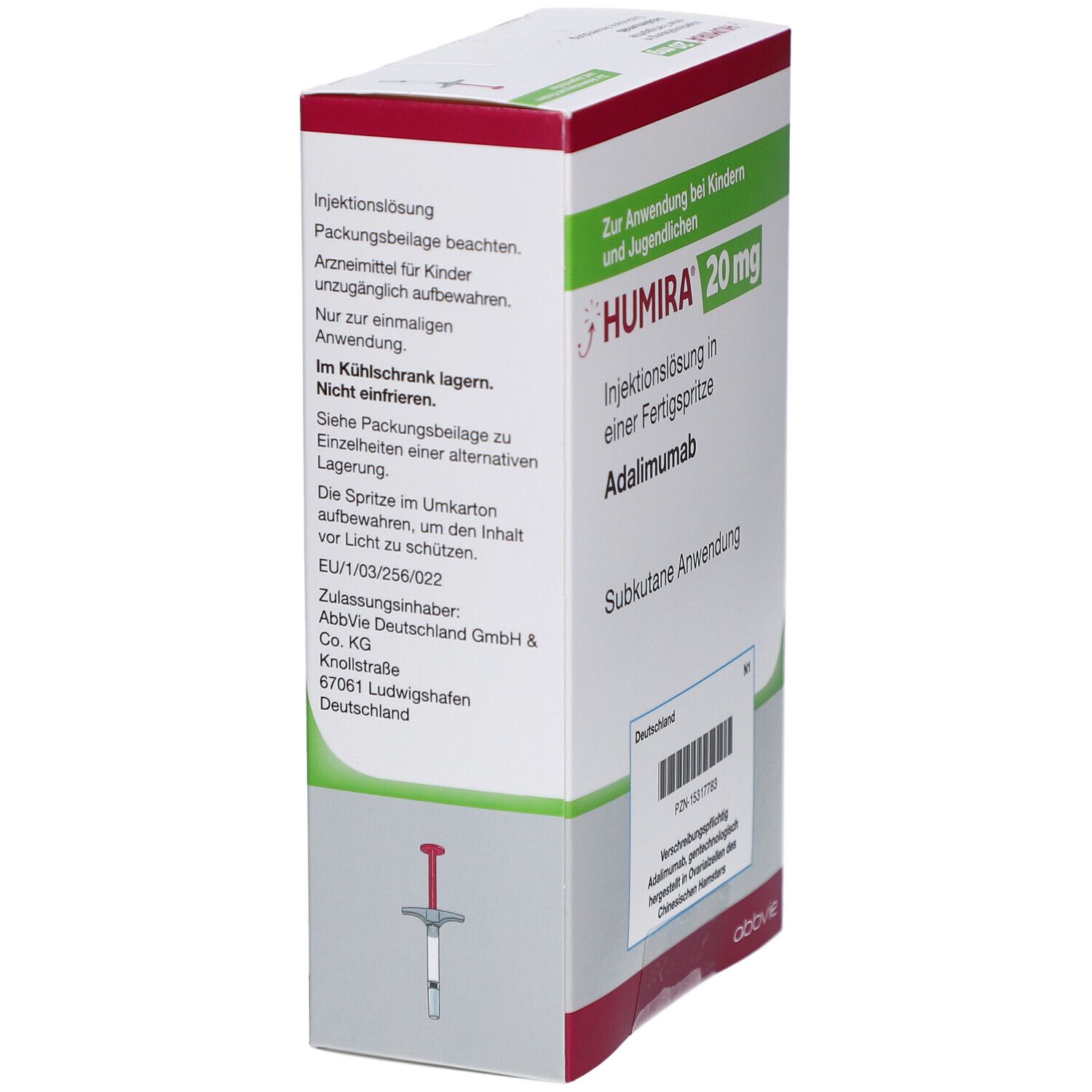 HUMIRA 20 mg Verpackung mit Informationen zur Anwendung und Lagerung. Enthält eine Abbildung einer Fertigspritze.