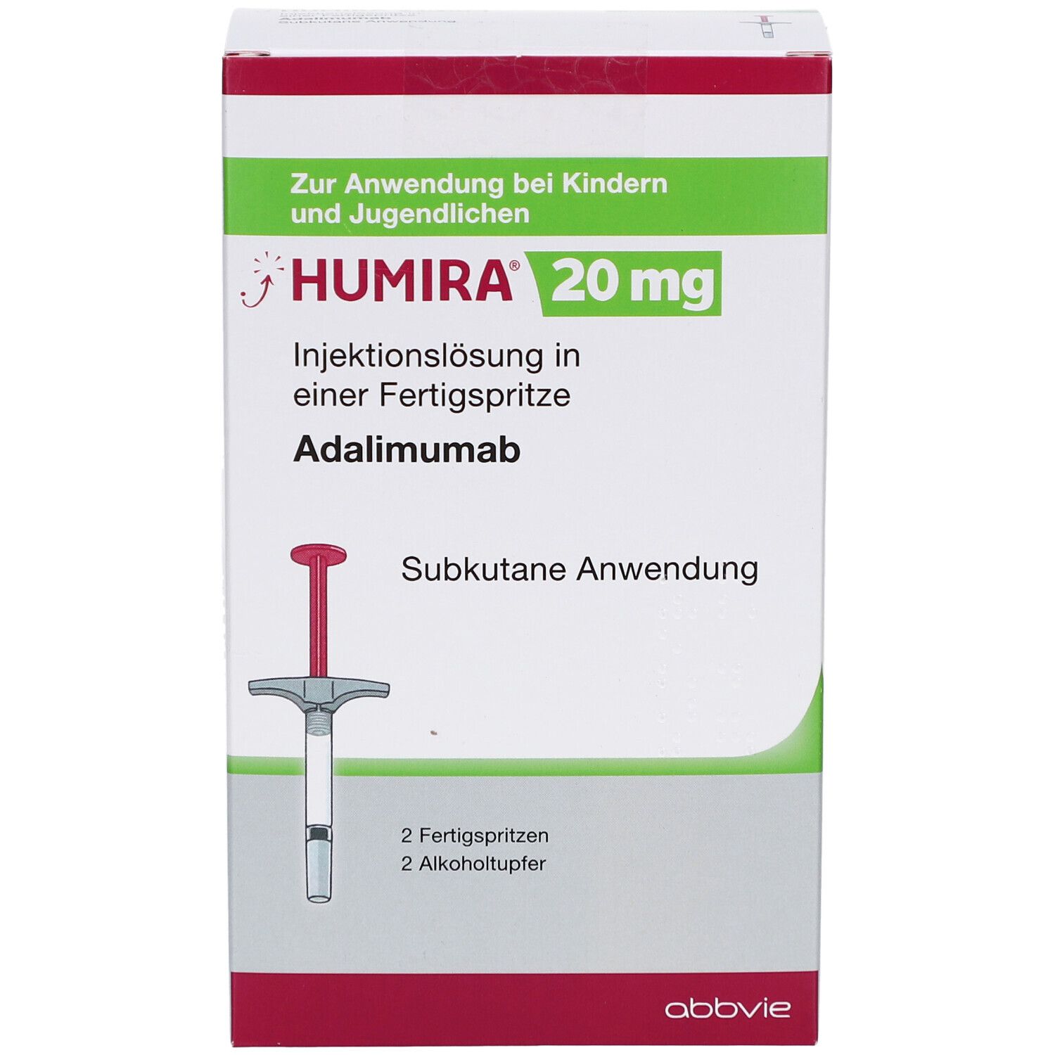 Vorderansicht der HUMIRA 20 mg Verpackung. Enthält 2 Fertigspritzen und 2 Alkoholtupfer. Aufschrift: Subkutane Anwendung.