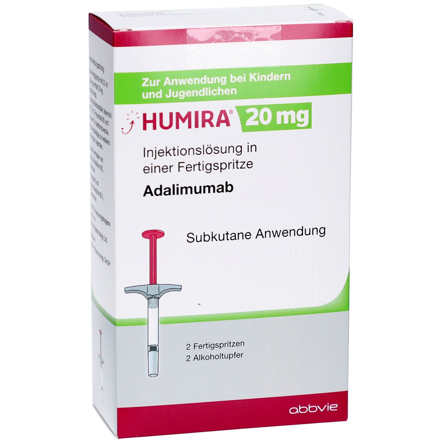HUMIRA 20 mg Verpackung. Enthält 2 Fertigspritzen und 2 Alkoholtupfer. Aufschrift: Injektionslösung in Fertigspritze. Adalimumab.