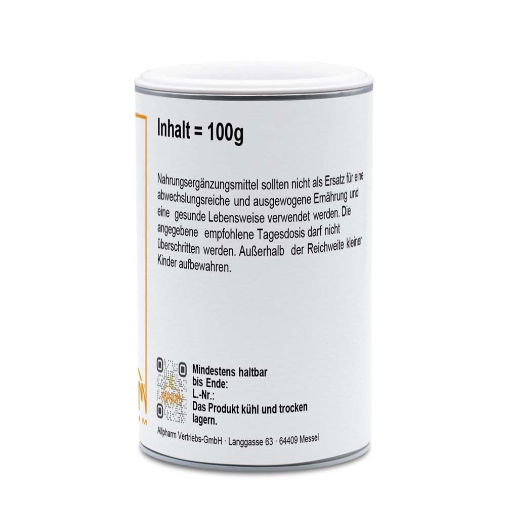 Rückseite des weißen zylindrischen Gefäßes. Textinformationen, QR-Codes und Mindesthaltbarkeitsdatum.