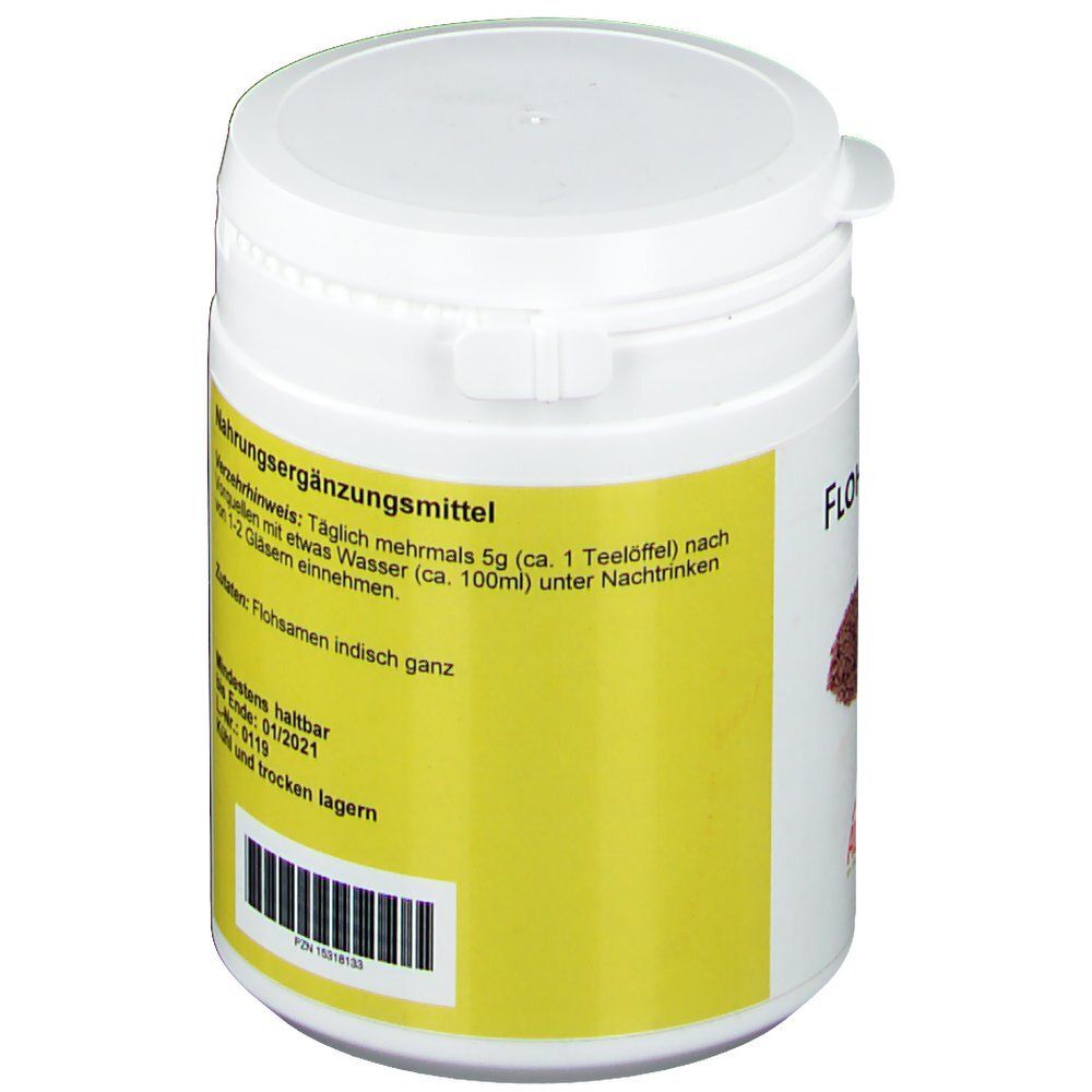 Weißer Behälter mit gelbem Etikett. Aufschrift "Flohsamen". Barcode und Mindesthaltbarkeitsdatum.