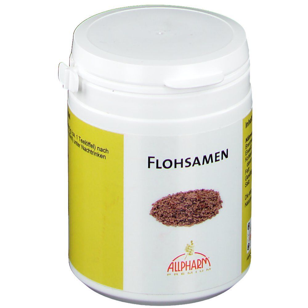 Weißer Behälter mit gelbem Etikett. Aufschrift "Flohsamen" und Abbildung von Flohsamen. "ALLPHARM PREMIUM".