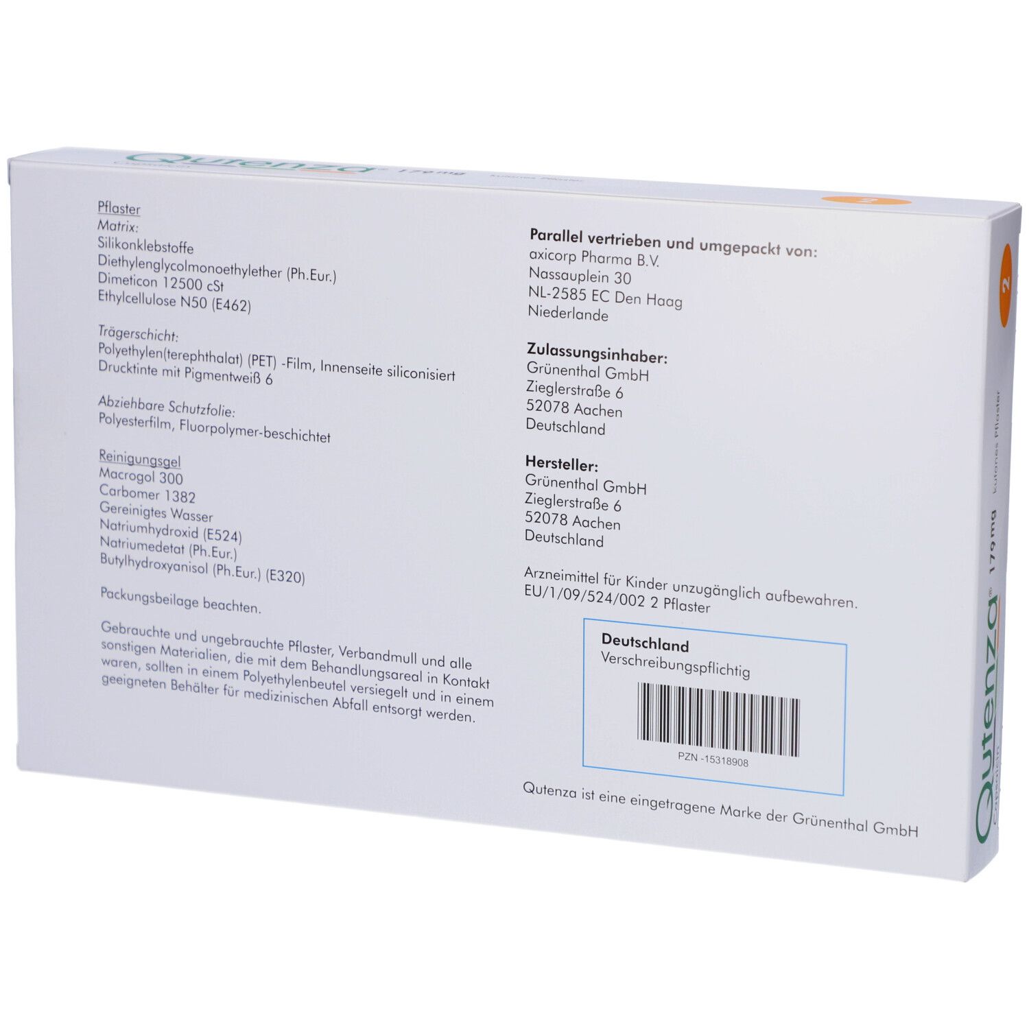 Rückseite der Qutenza 179 mg Verpackung. Enthält Informationen zu Inhaltsstoffen, Hersteller, und Chargennummer. Barcode sichtbar.