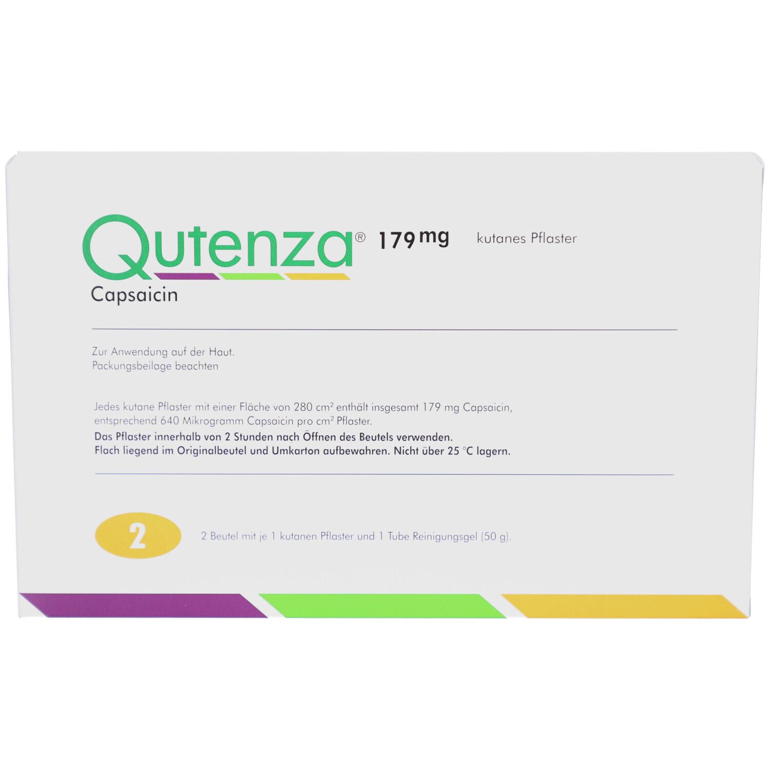 Vorderseite der Qutenza 179 mg Verpackung. Produktname, Dosierung, und Text in Grün und Orange. Enthält 2 Beutel mit Pflastern.