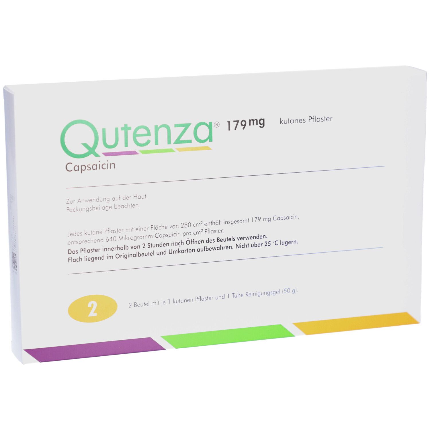 Vorderseite der Qutenza 179 mg Verpackung. Produktname, Dosierung, und Text in Grün und Orange. Enthält 2 Beutel mit Pflastern.