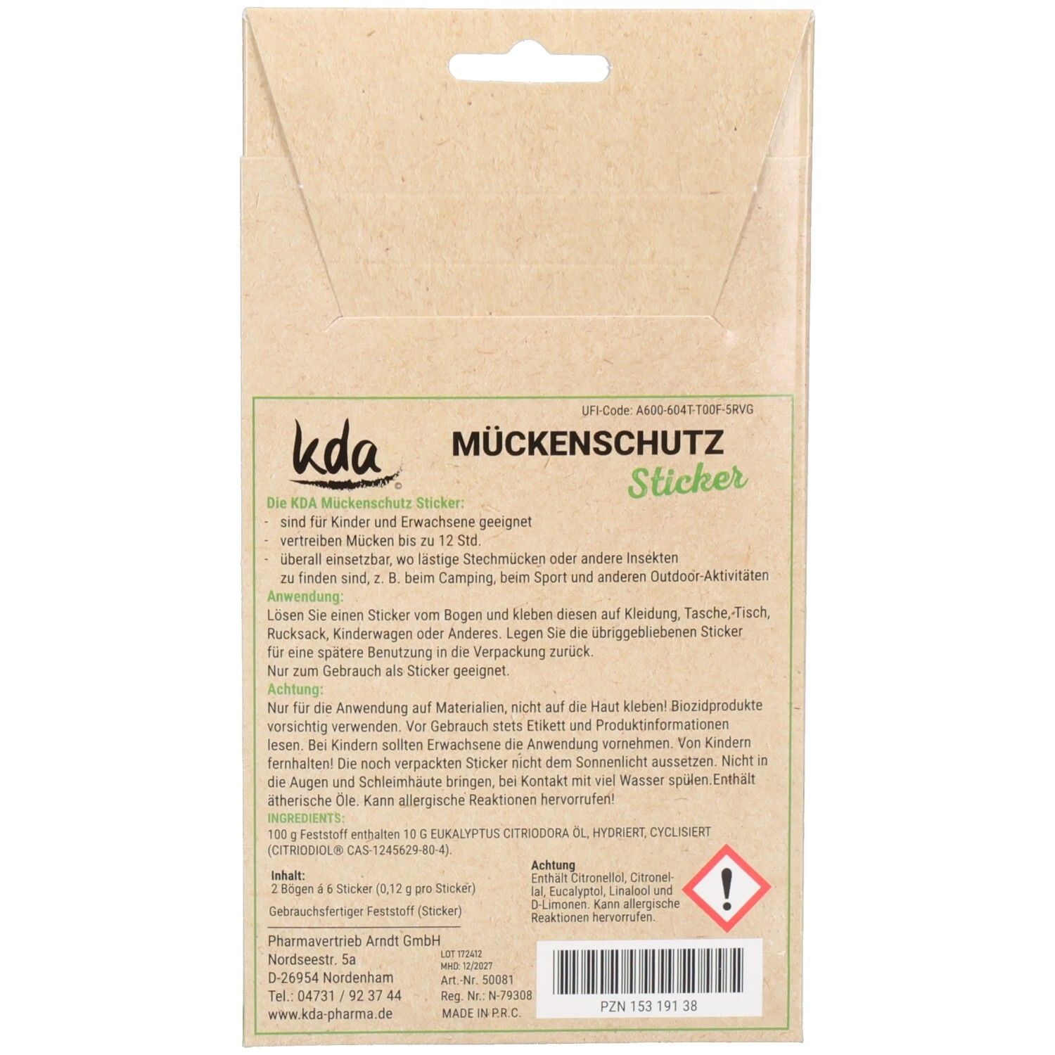 Rückseite der Verpackung KDA Mückenschutz Sticker, enthält 12 Sticker.