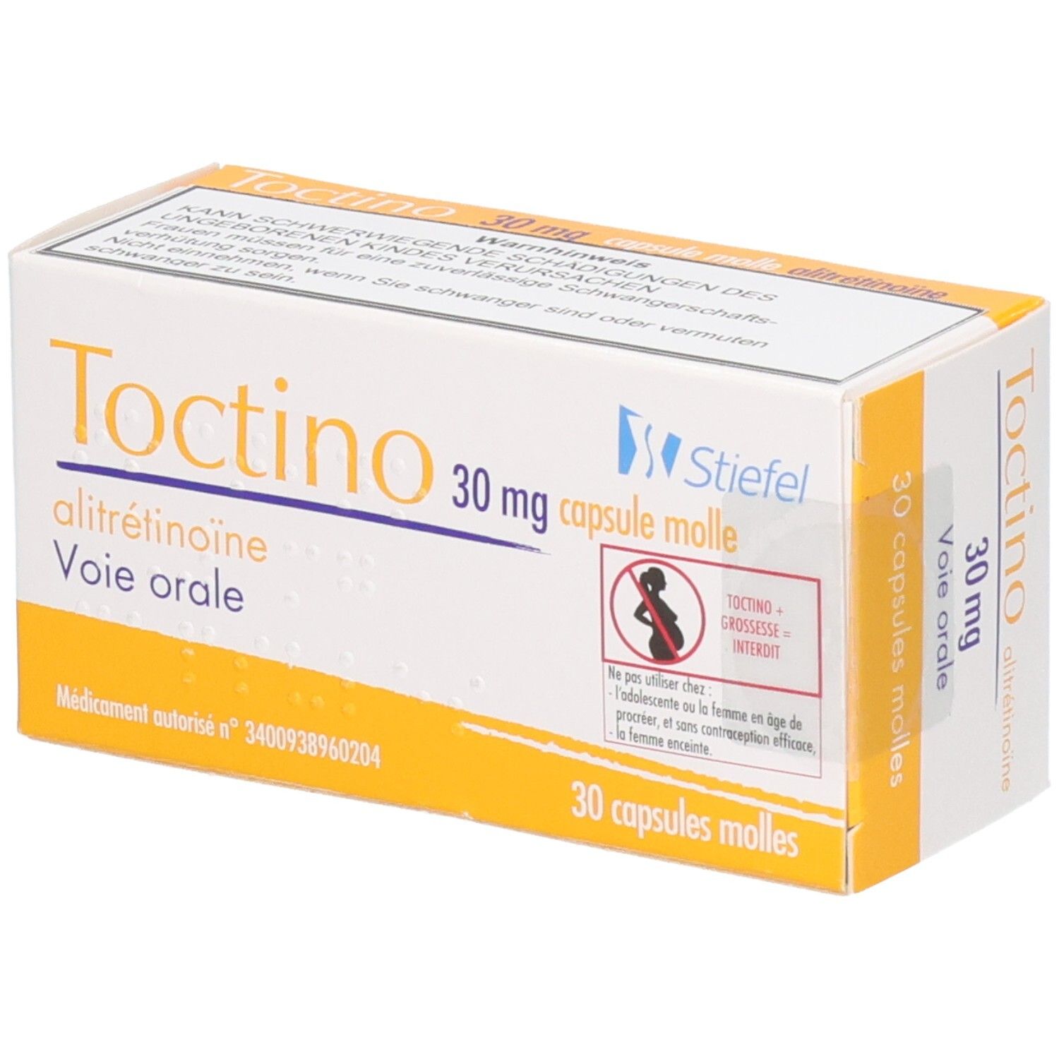 Weichkapseln-Packung. Aufschrift: Tinctino 30 mg, alitretinoine, Voie orale. Enthält 30 Kapseln. Stiefel-Logo.
