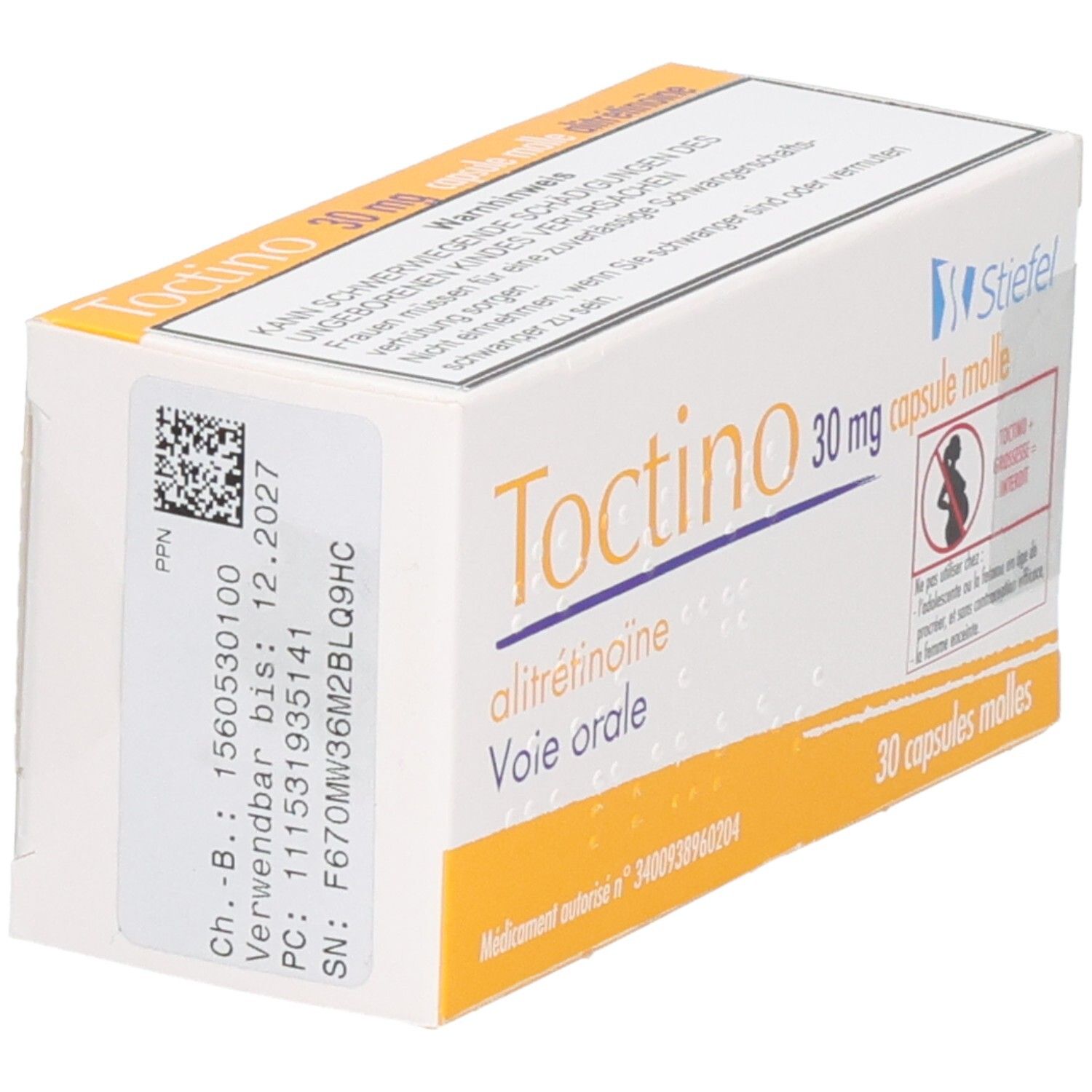 Weichkapseln-Packung. Aufschrift: Tinctino 30 mg, alitretinoine, Voie orale. Enthält 30 Kapseln. Stiefel-Logo. Barcode und Chargennummer.