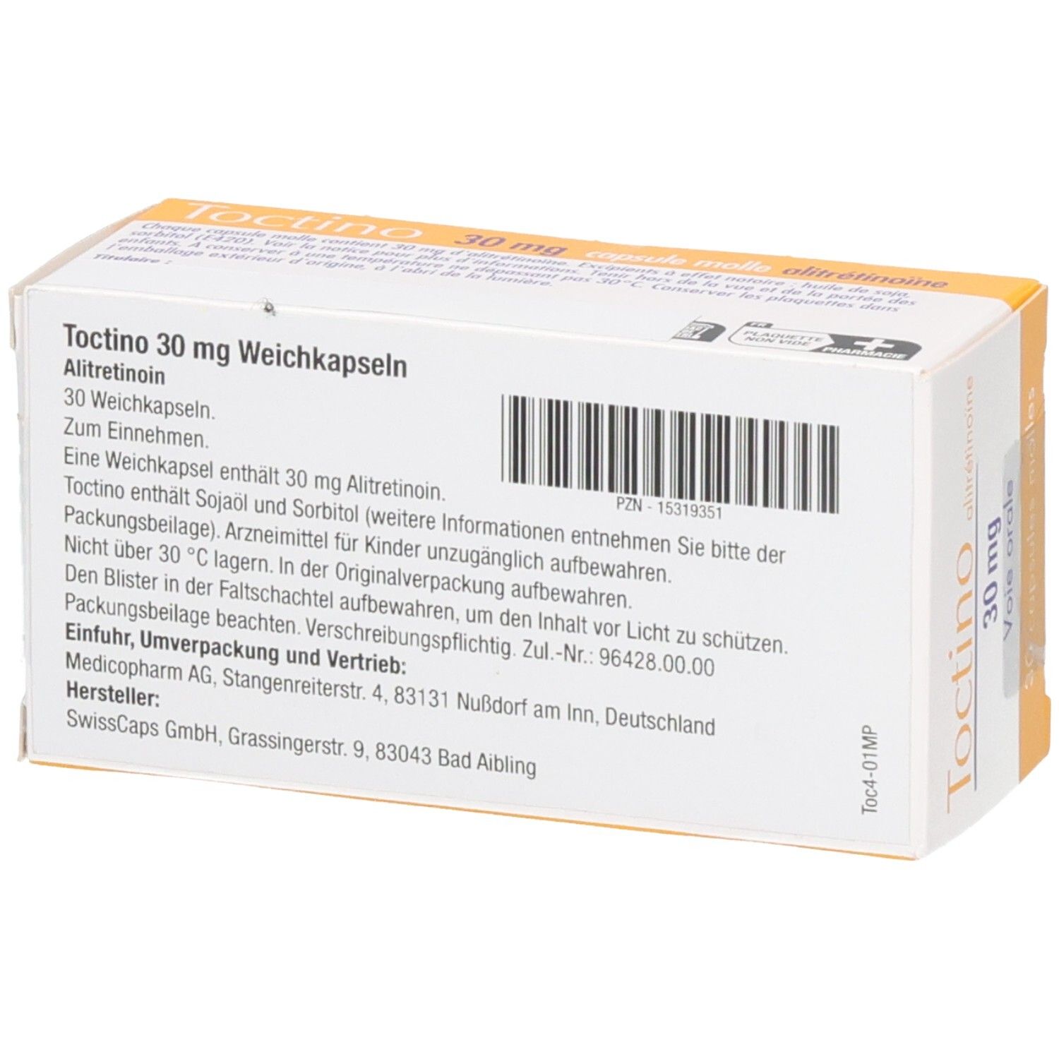 Rückseite der Weichkapseln-Packung. Aufschrift: Tinctino 30 mg Weichkapseln. Enthält 30 Kapseln. Textinformationen und Barcode.