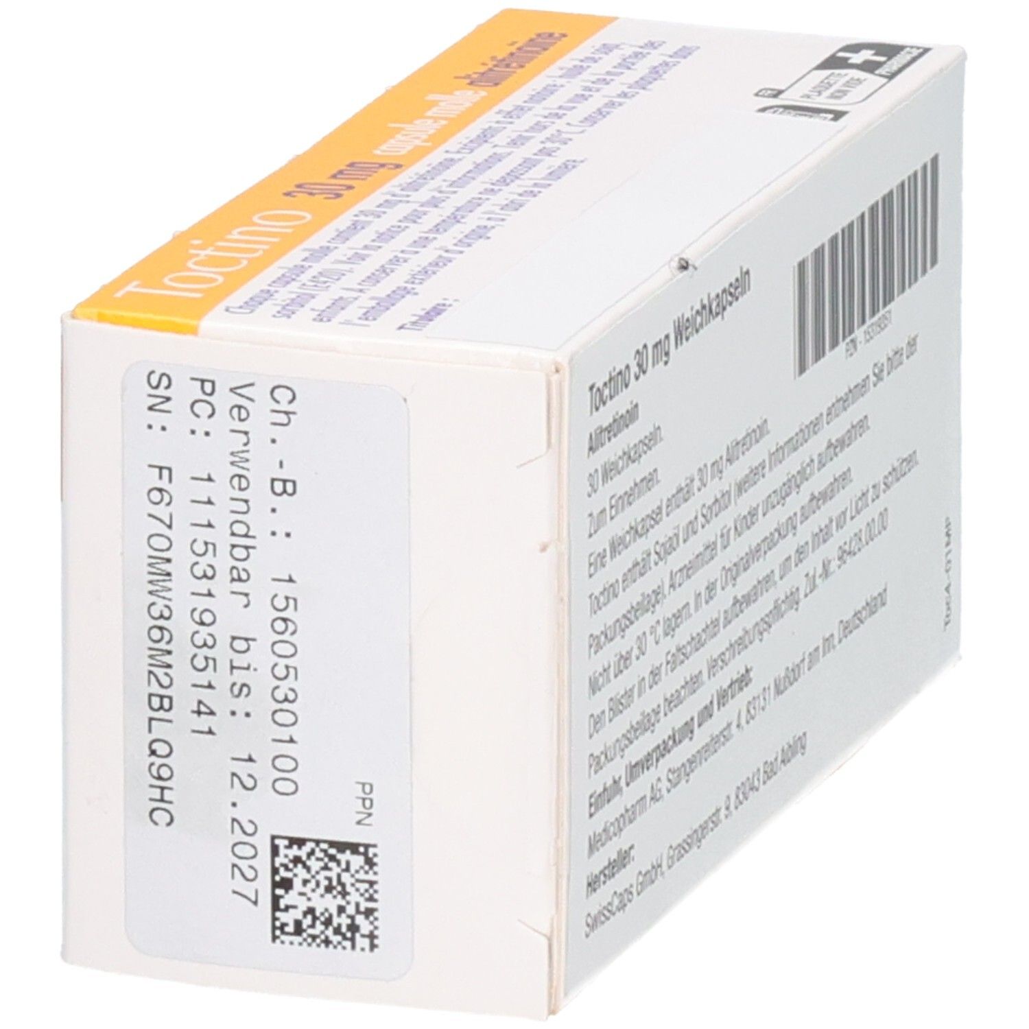 Weichkapseln-Packung. Aufschrift: Tinctino 30 mg Weichkapseln. Enthält 30 Kapseln. Barcode und Chargennummer.