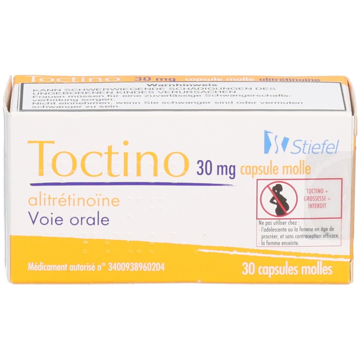 Weichkapseln-Packung. Aufschrift: Tinctino 30 mg, alitretinoine, Voie orale. Enthält 30 Kapseln. Stiefel-Logo. Warnhinweis.