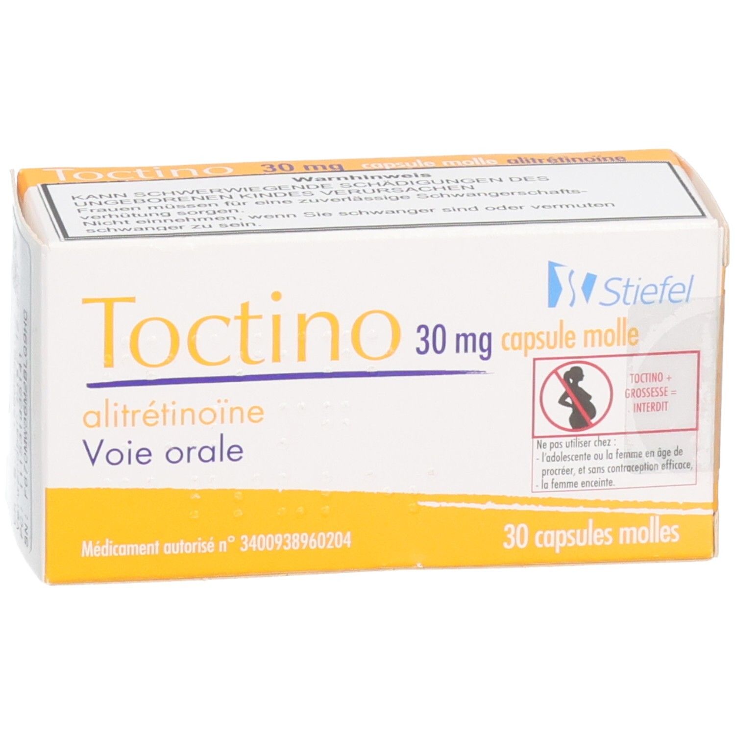 Weichkapseln-Packung. Aufschrift: Tinctino 30 mg, alitretinoine, Voie orale. Enthält 30 Kapseln. Stiefel-Logo. Warnhinweis.