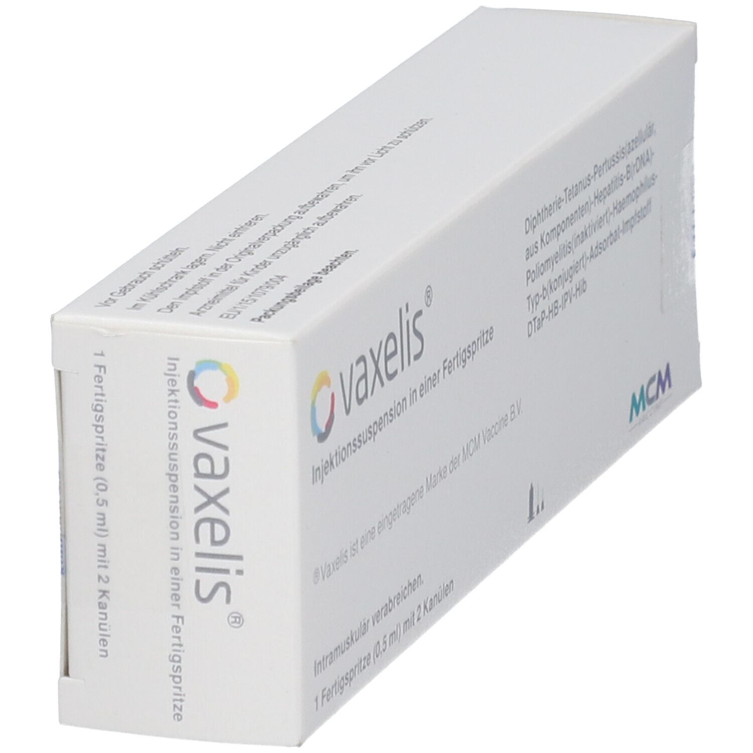 Vaxelis Injektionssuspension in einer Fertigspritze. DTaP-HB-IPV-Hib Impfstoff.