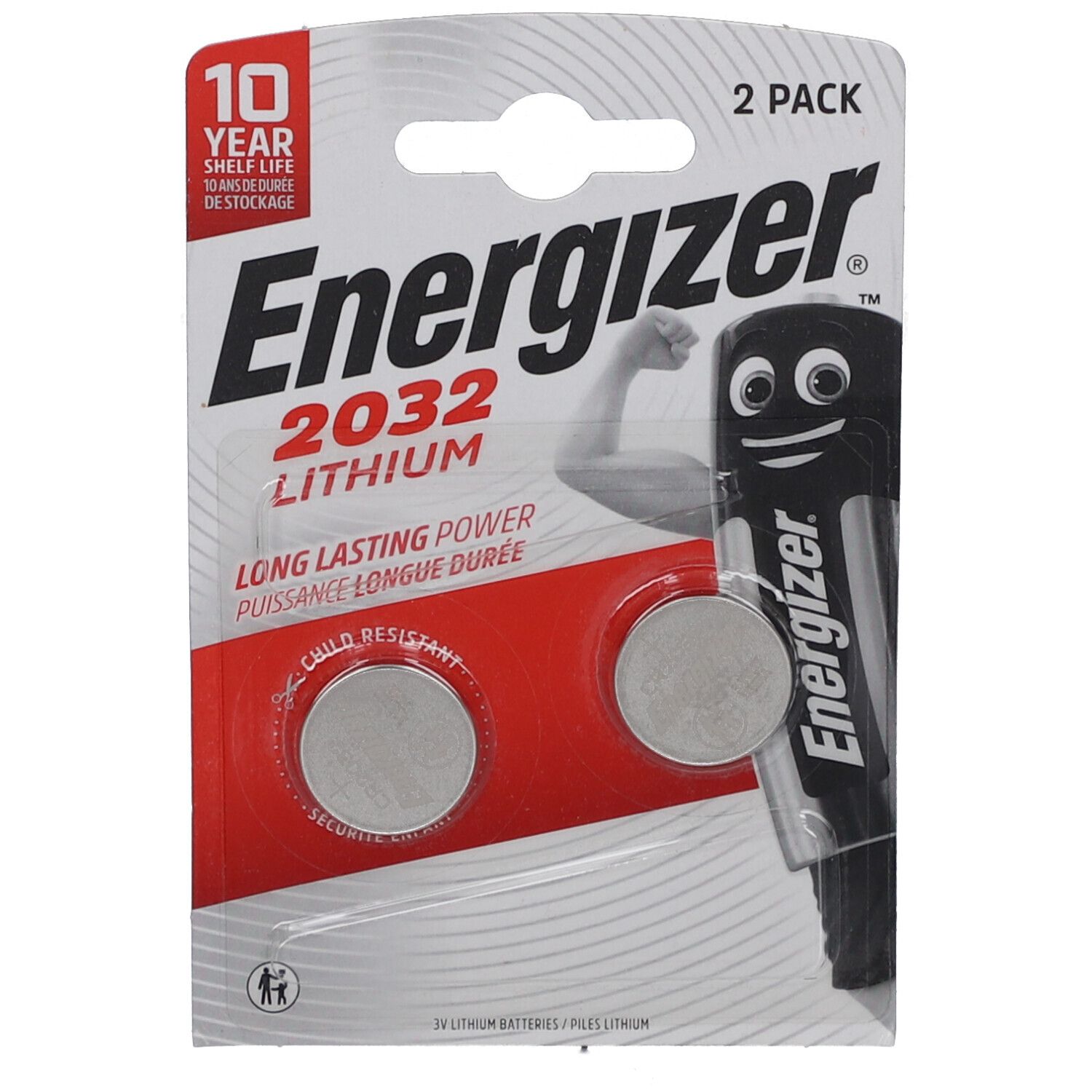 Energizer Lithium CR2032 Batterien, 2er-Pack. Verpackung mit Produktname, Haltbarkeitsdatum und Sicherheitsmerkmalen.