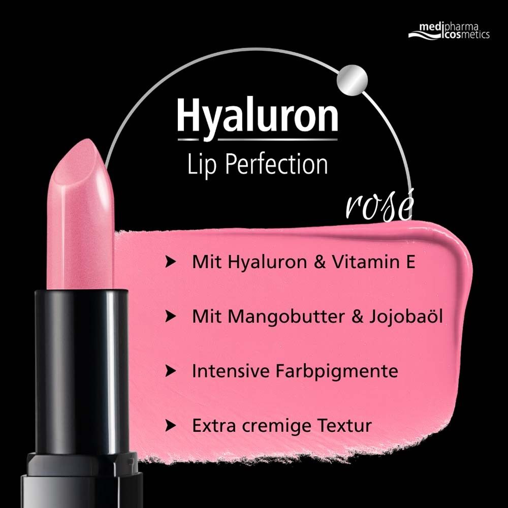 Rosafarbener Lippenstift. Text: Hyaluron Lip Perfection, Inhaltsstoffe. Schwarzer Hintergrund.
