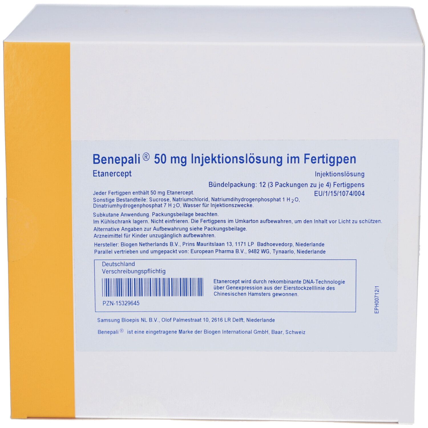 Weiße Verpackung mit Aufschrift BENEPALI 50 mg Injektionslösung im Fertigpen. Enthält 12 Fertigpens. Text in Deutsch.