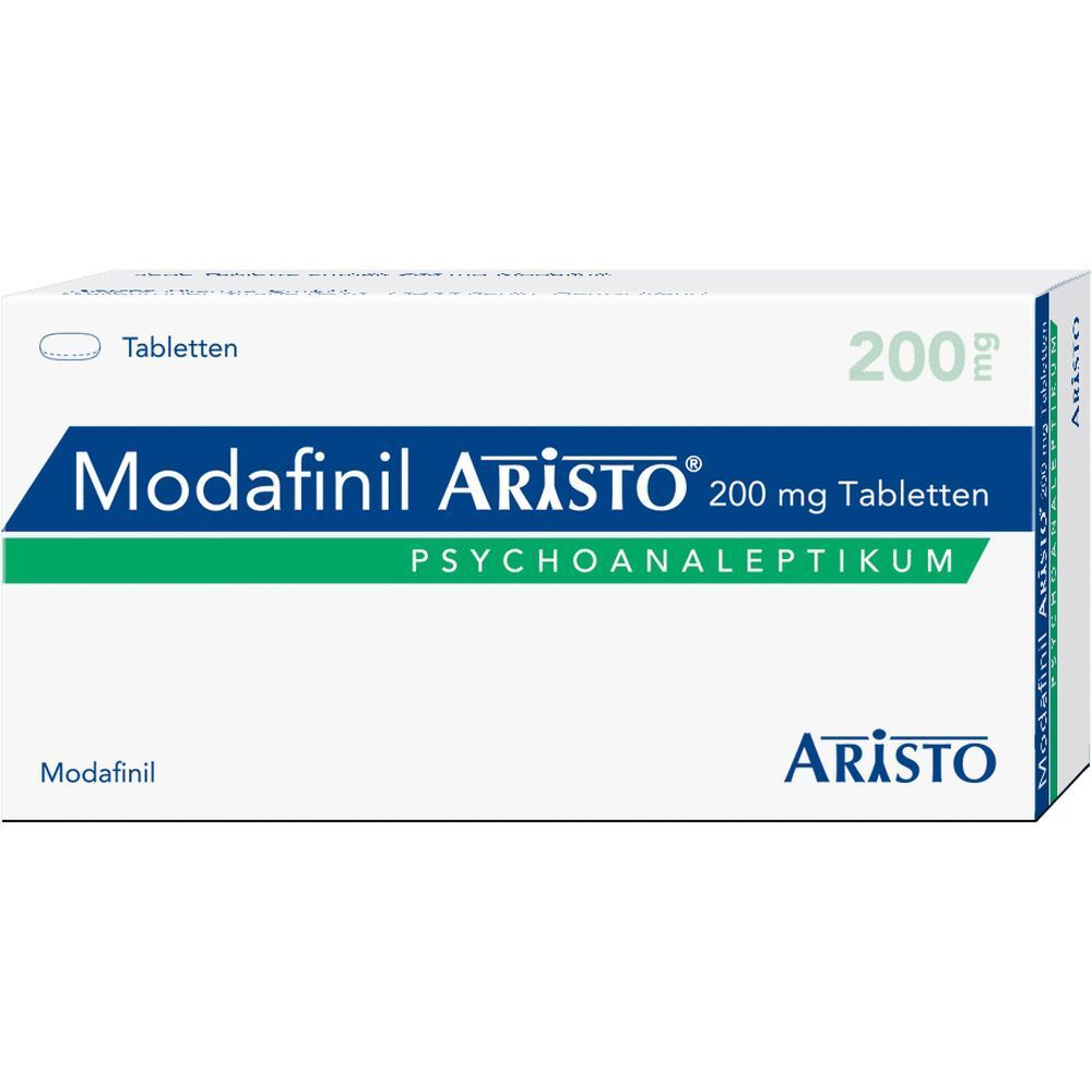 Schachtel mit Modafinil Aristo 200 mg Tabletten. Blaue und grüne Schrift auf weißem Hintergrund. Aristo-Logo.