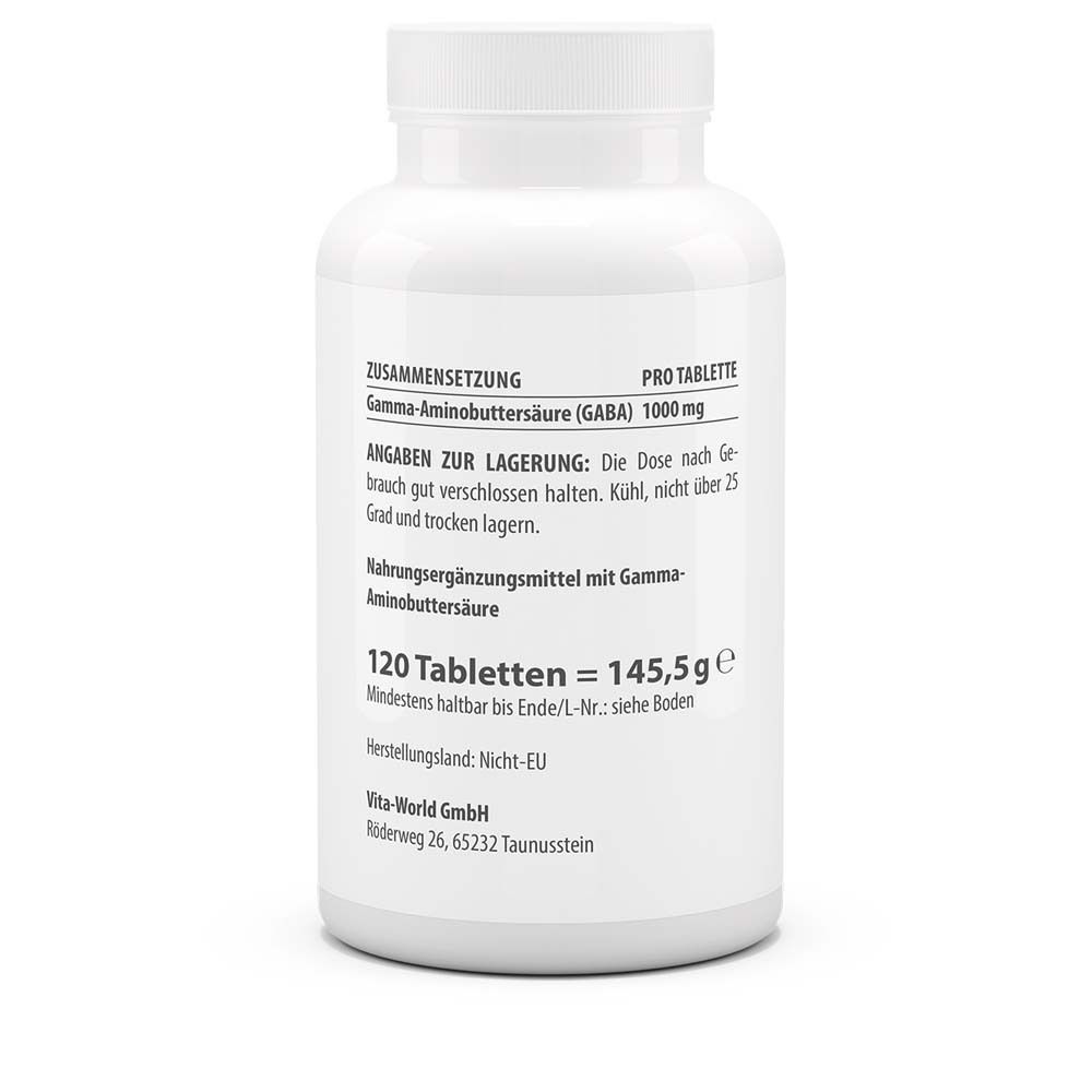 Rückseite der weißen Flasche. Text: Zusammensetzung, Lagerungshinweise, 120 Tabletten, 145,5g. Vita-World GmbH.