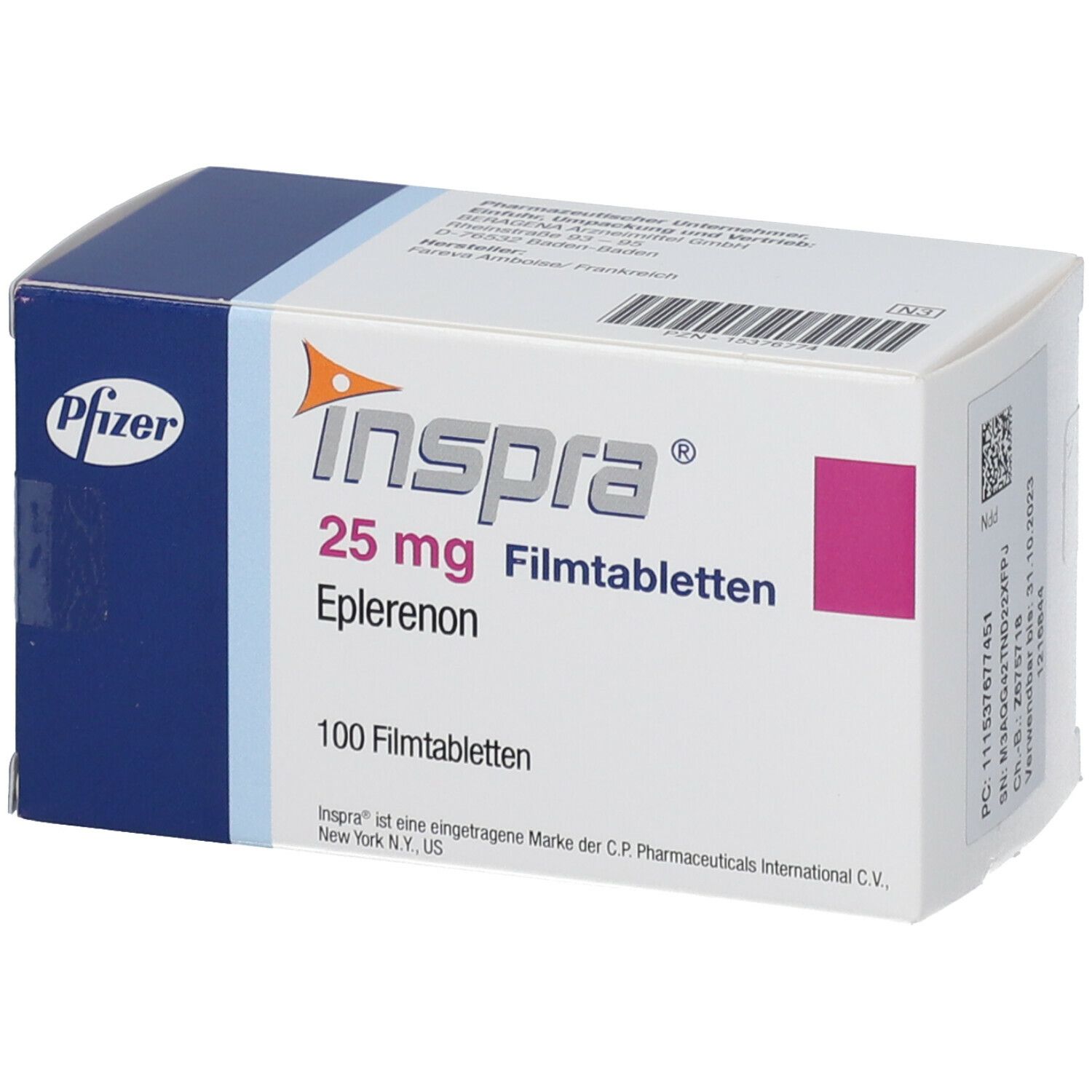 Schachtel mit Inspra 25 mg Filmtabletten. Aufschrift: Inspra, 25 mg, Eplerenon, 100 Filmtabletten. Pfizer-Logo.