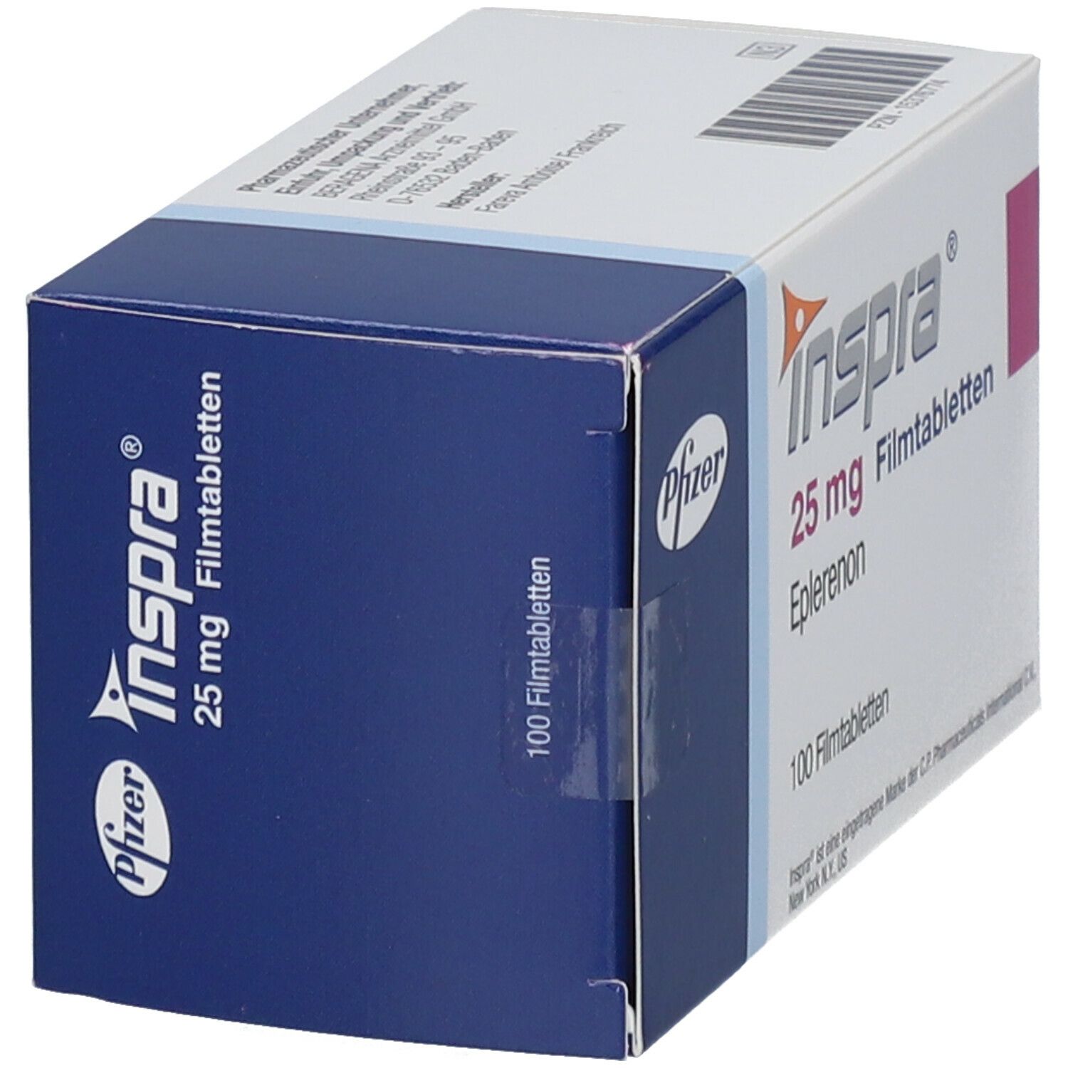 Schachtel Inspra 25 mg Filmtabletten. Aufschrift: Inspra, 25 mg, Eplerenon, 100 Filmtabletten. Pfizer-Logo. Blaue und weiße Verpackung.