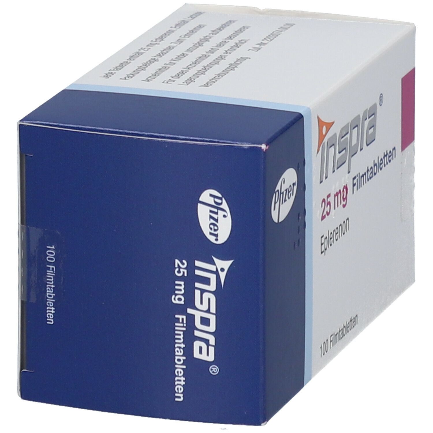 Schachtel Inspra 25 mg Filmtabletten. Aufschrift: Inspra, 25 mg, Eplerenon, 100 Filmtabletten. Pfizer-Logo. Blaue und weiße Verpackung.