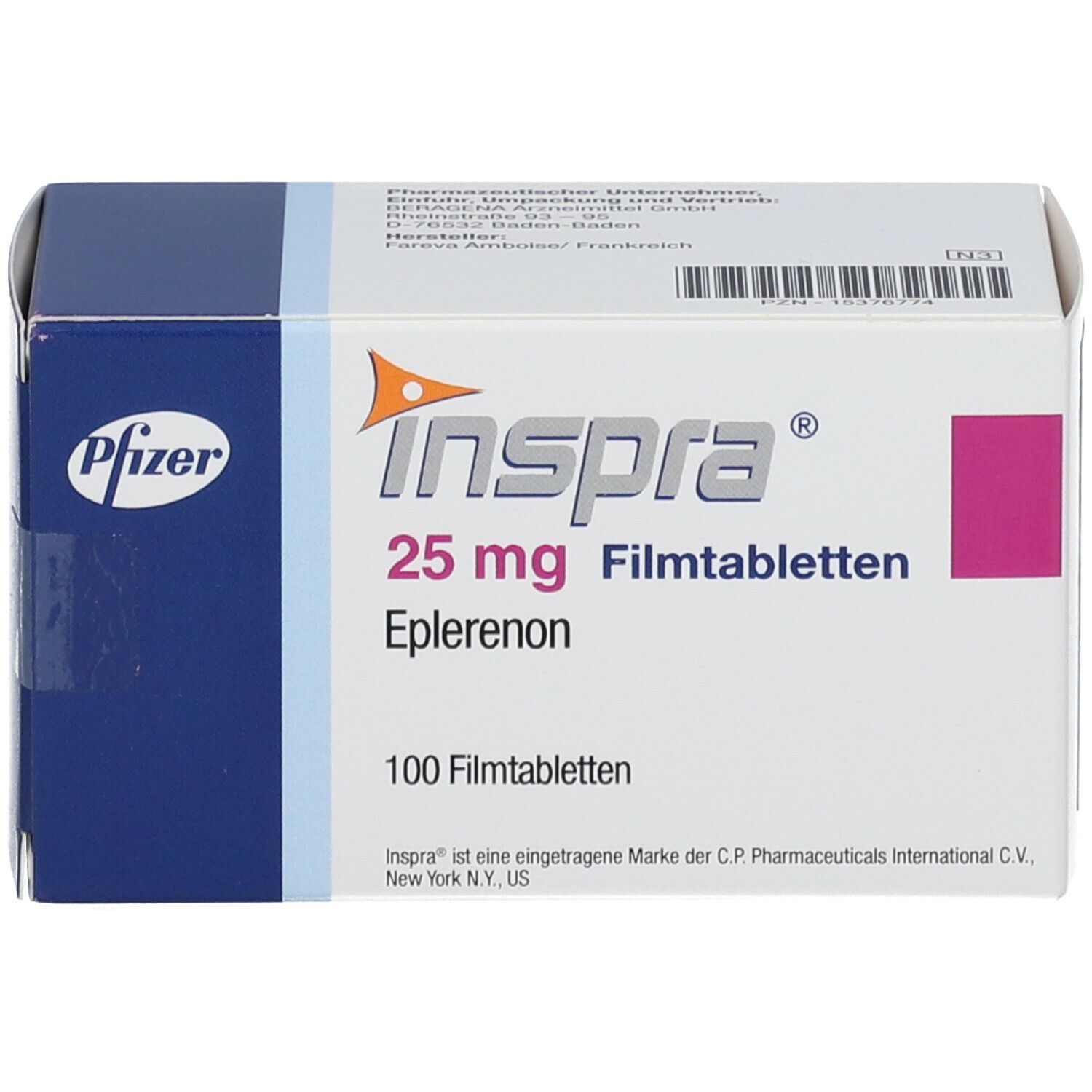Schachtel mit Inspra 25 mg Filmtabletten. Aufschrift: Inspra, 25 mg, Eplerenon, 100 Filmtabletten. Pfizer-Logo.