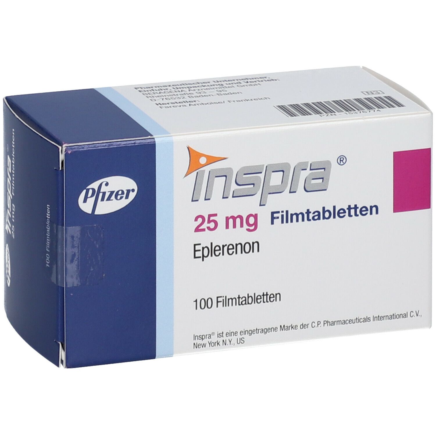Schachtel mit Inspra 25 mg Filmtabletten. Aufschrift: Inspra, 25 mg, Eplerenon, 100 Filmtabletten. Pfizer-Logo.