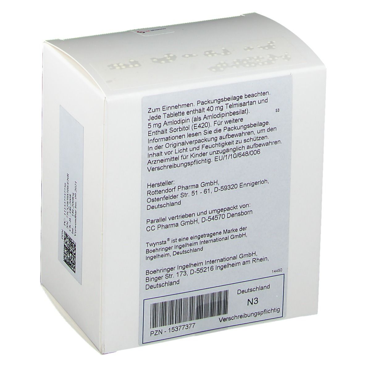 Rückseite des weißen Kartons. Textinformationen: Gebrauchsanweisung, Hersteller, Chargennummer, Verfallsdatum, PZN-Nummer und Barcode.