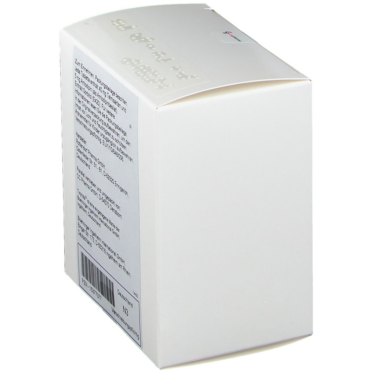 Seitenansicht des weißen Kartons. Textinformationen: Gebrauchsanweisung, Hersteller, Chargennummer, Verfallsdatum, PZN-Nummer und Barcode.