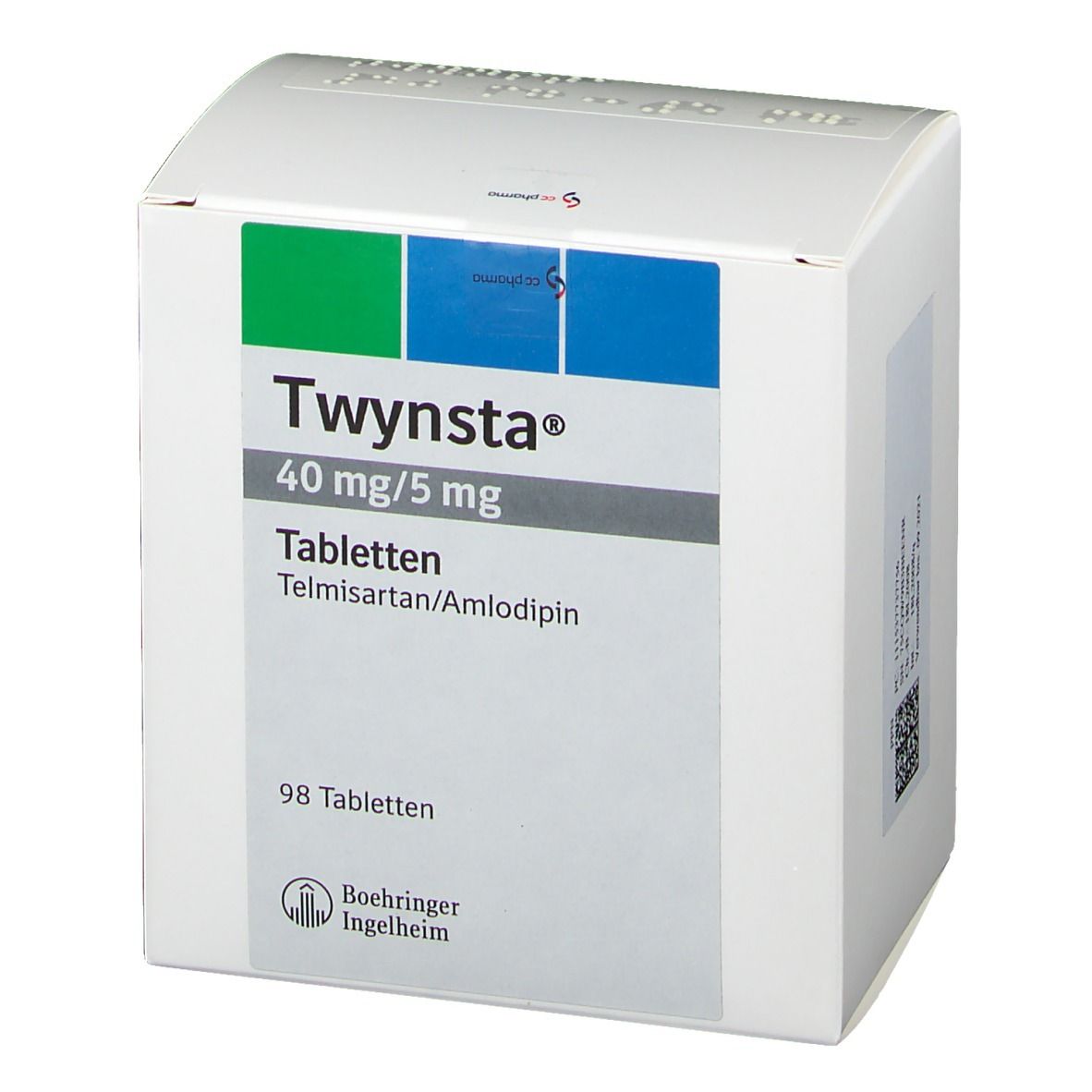 Weißer Karton mit grünen und blauen Akzenten. Aufschrift: Twynsta® 40 mg/5 mg, Tabletten, 98 Tabletten. Logo von Boehringer Ingelheim.