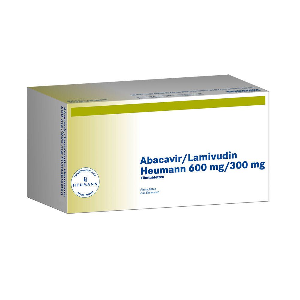 Weiße Faltschachtel mit grünen Akzenten. Aufschrift: Abacavir/Lamivudin Heumann 600 mg/300 mg. Heumann Logo.
