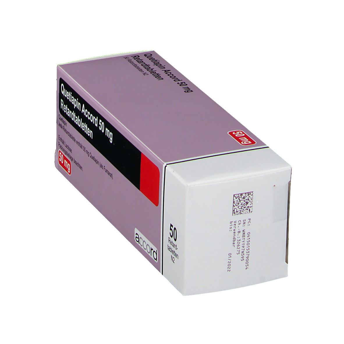 Schachtel "Quetiapin Accord 50 mg Retardtabletten". Lila-weiße Verpackung, roter Akzent. "50 mg" und "accord" sichtbar. Rückseite mit Barcode.