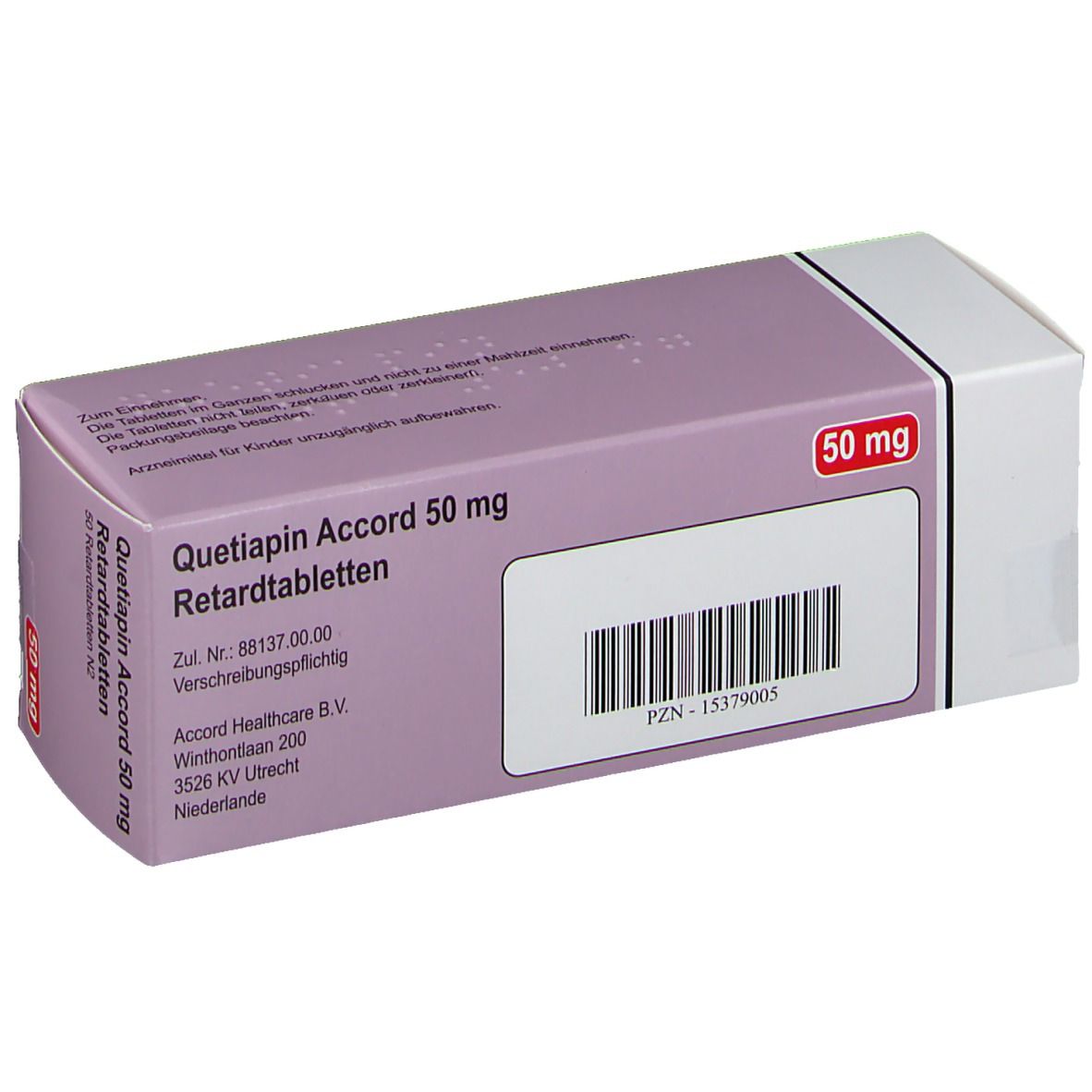Schachtel "Quetiapin Accord 50 mg Retardtabletten". Lila-weiße Verpackung mit Barcode und Text. "50 mg" und "accord" sichtbar.